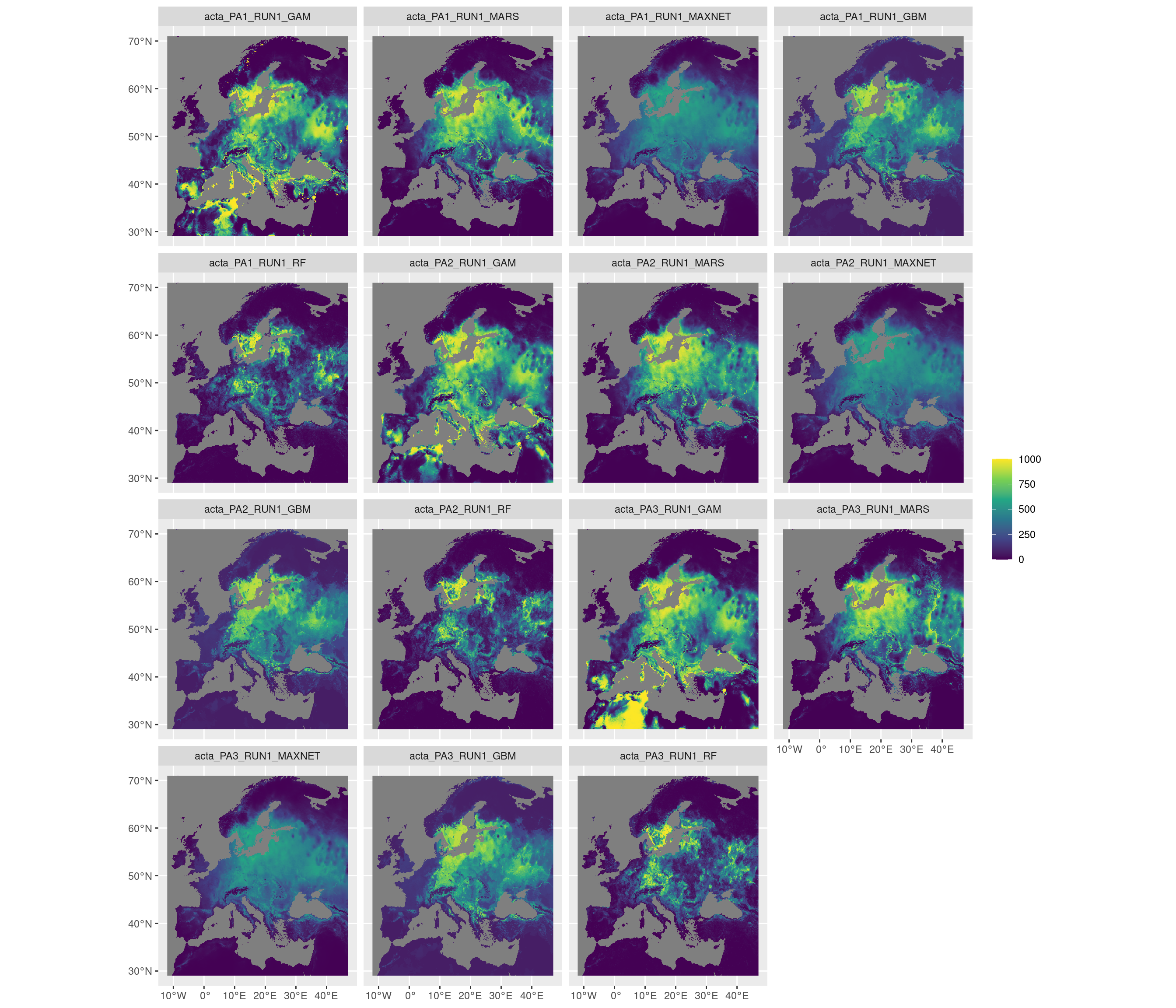 Projection de la distribution potentielle contemporaine sur l'Europe, selon les 6 algorithmes et les 3 runs.