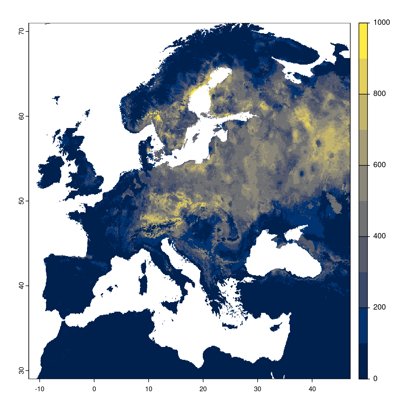 Projection des distributions potentielles futures jusqu'à l'horizon 2100 sous le scénario SSP1-2.6 (modèle d'ensemble).