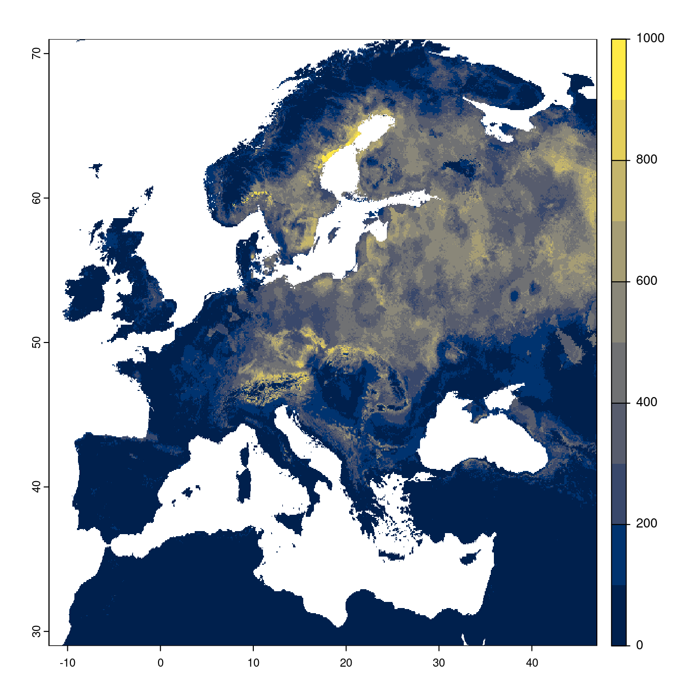 Projection des distributions potentielles futures jusqu'à l'horizon 2100 sous le scénario SSP1-2.6 (modèle d'ensemble).