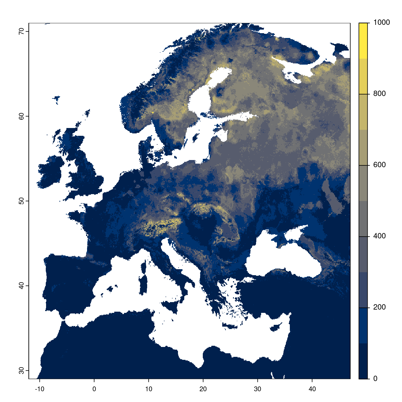Projection des distributions potentielles futures jusqu'à l'horizon 2100 sous le scénario SSP2-4.5 (modèle d'ensemble).