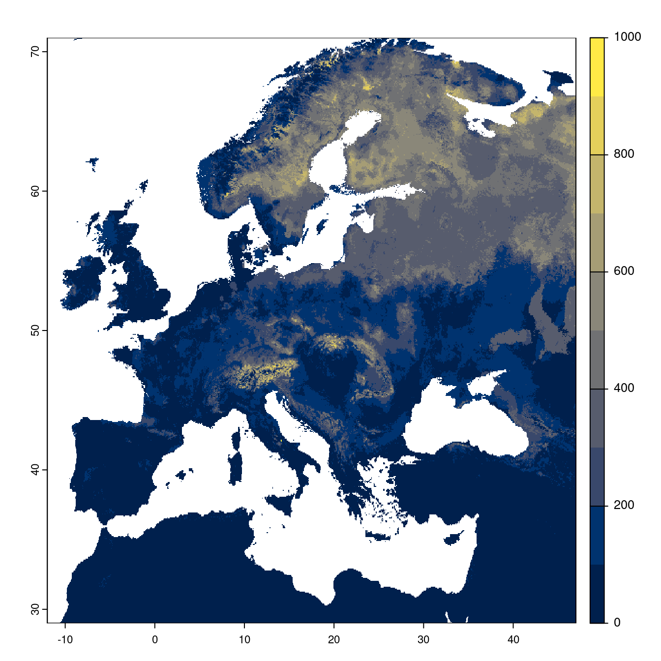 Projection des distributions potentielles futures jusqu'à l'horizon 2100 sous le scénario SSP2-4.5 (modèle d'ensemble).