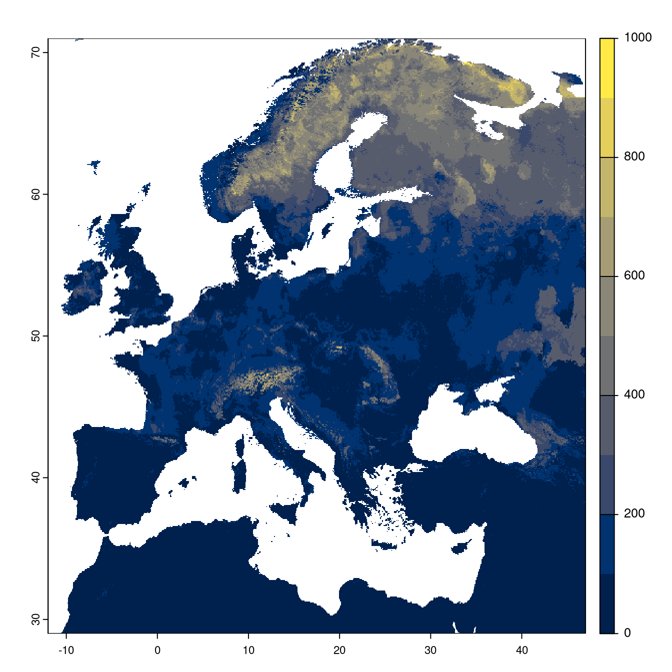 Projection des distributions potentielles futures jusqu'à l'horizon 2100 sous le scénario SSP3-7.0 (modèle d'ensemble).