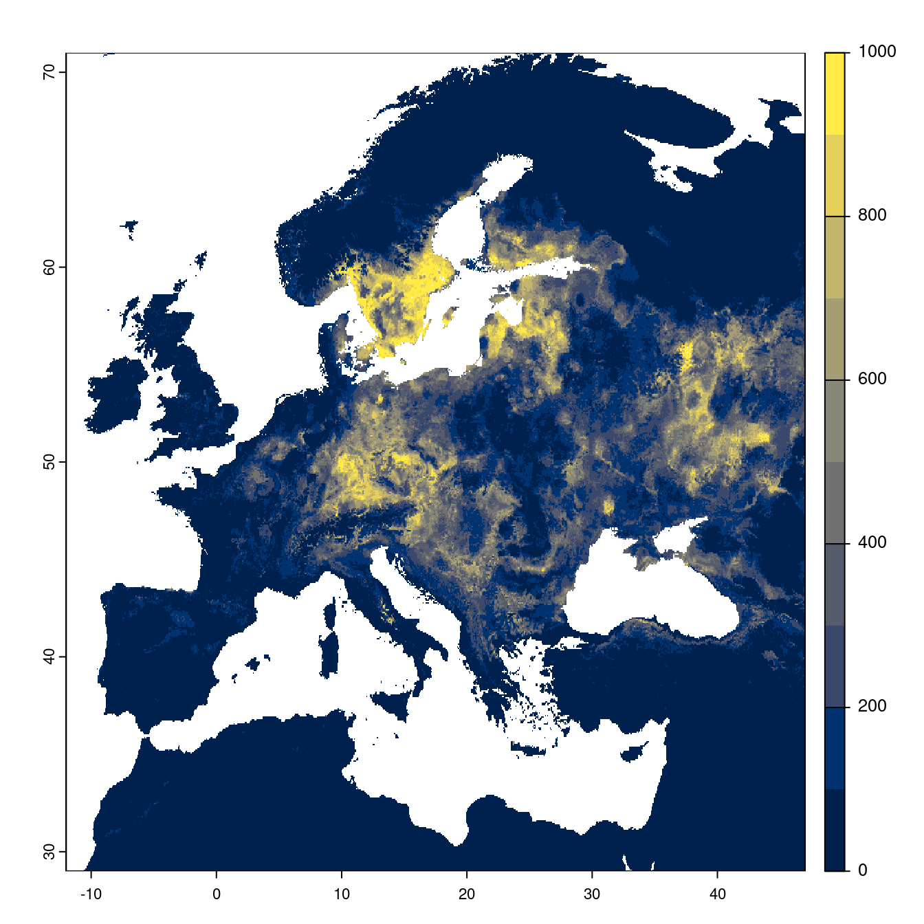 Projection des distributions potentielles futures jusqu'à l'horizon 2100 sous le scénario SSP5-8.5 (modèle d'ensemble).