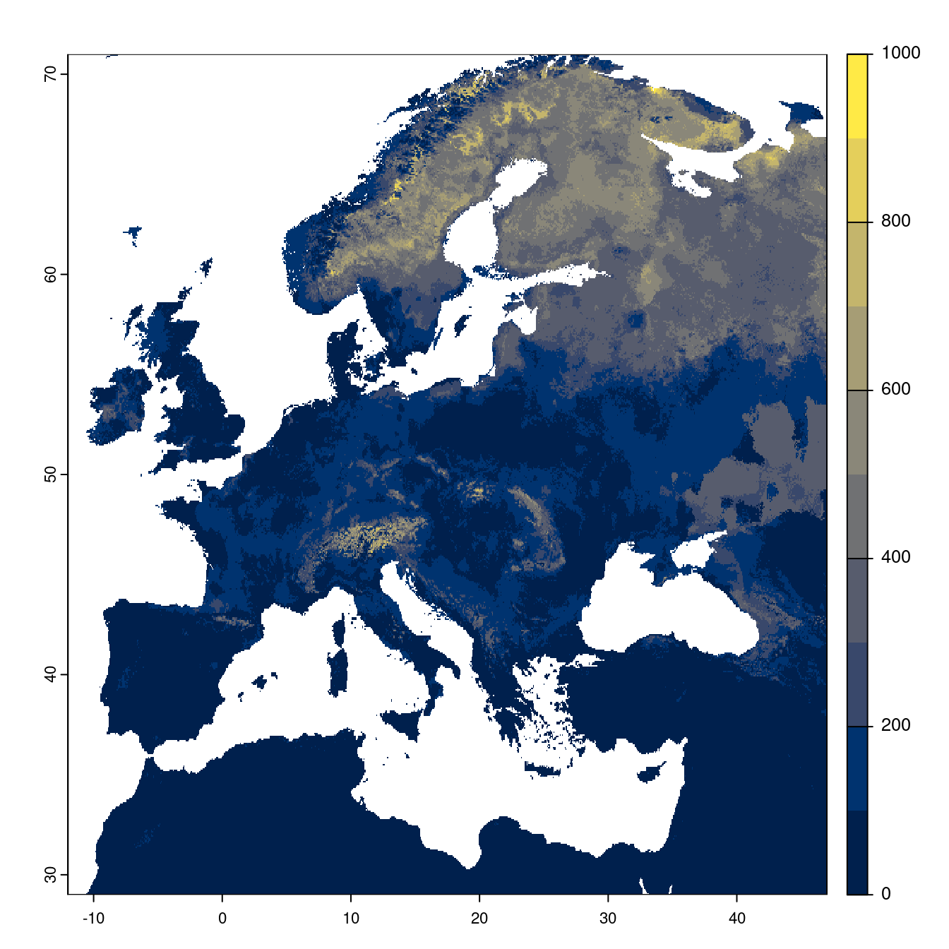 Projection des distributions potentielles futures jusqu'à l'horizon 2100 sous le scénario SSP5-8.5 (modèle d'ensemble).