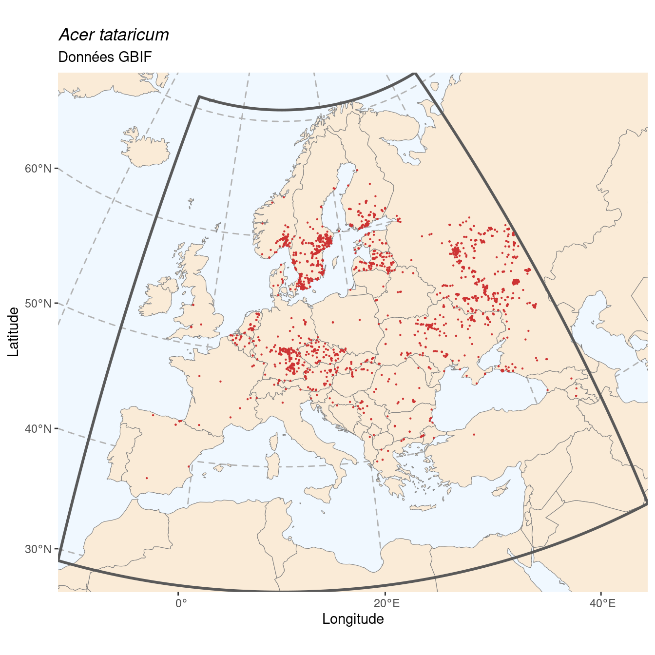 Occurrence de Acer tataricum dans la région d'endémisme.