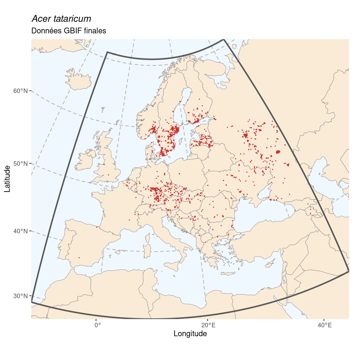 Occurrence de Acer tataricum dans la région d'endémisme après sous-échantillonnage éventuel.