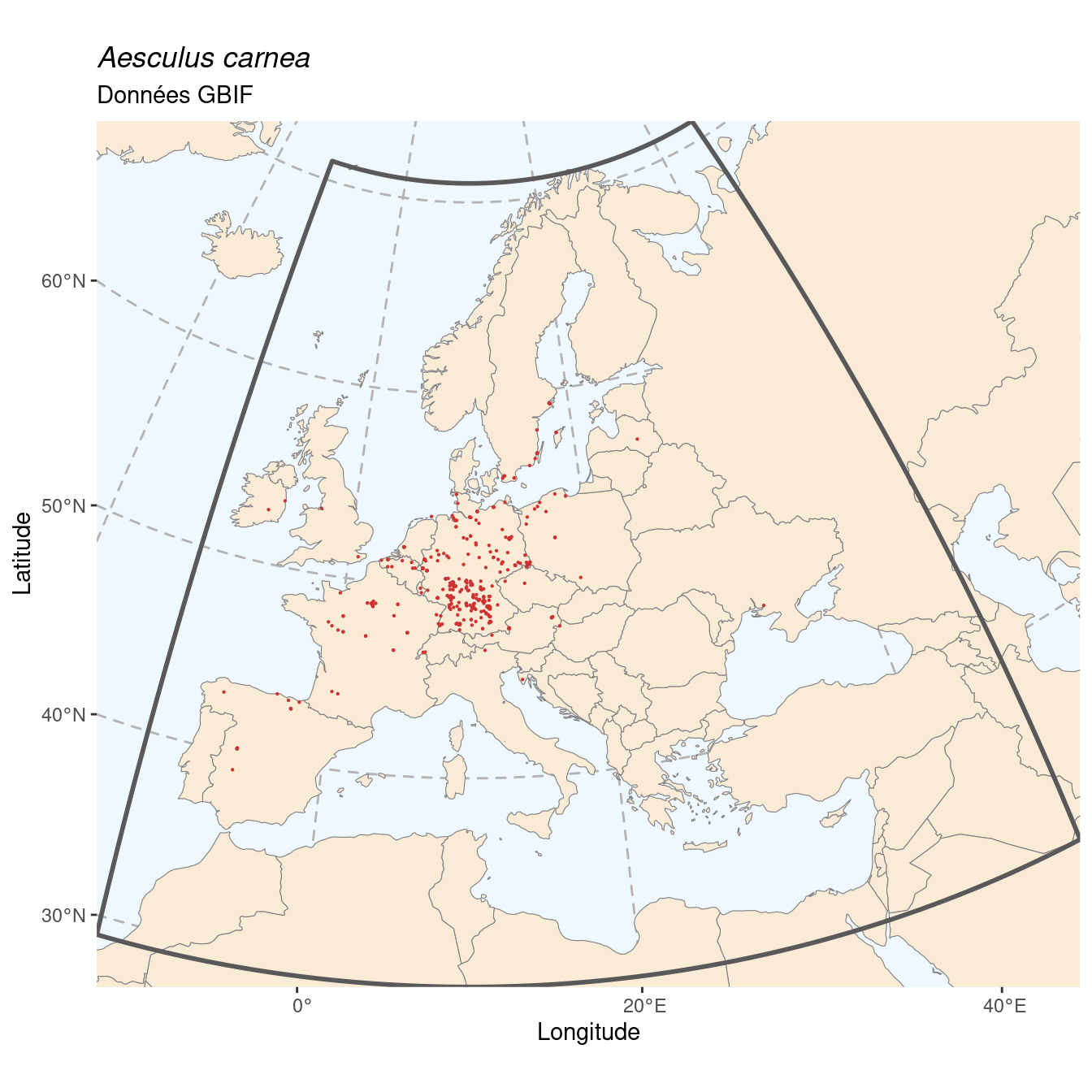 Occurrence de Aesculus carnea dans la région d'endémisme.