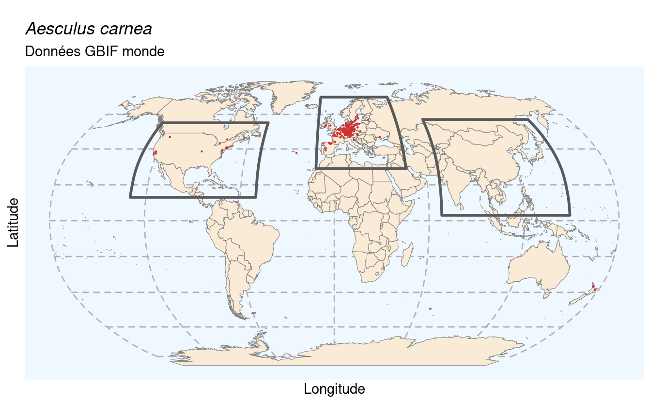 Occurrences de Aesculus carnea dans le monde.