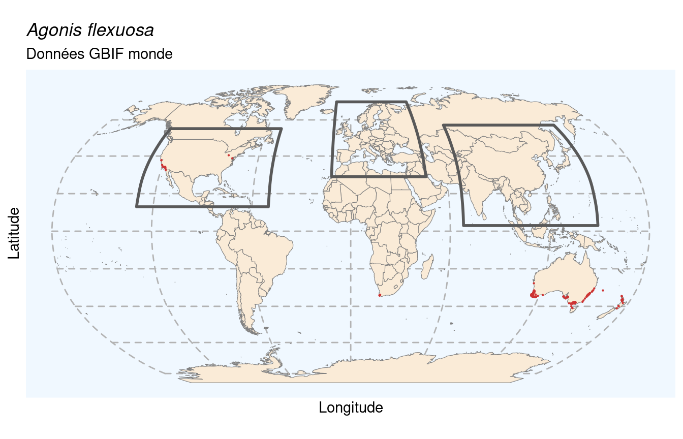 Occurrences de Agonis flexuosa dans le monde.