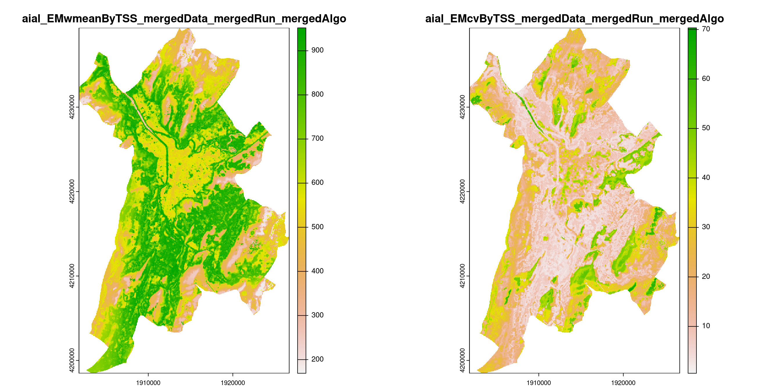 A) Projection de la distribution potentielle contemporaine (modèle d'ensemble) sur la métropole de Grenoble ; B) Incertitude associée à la projection.