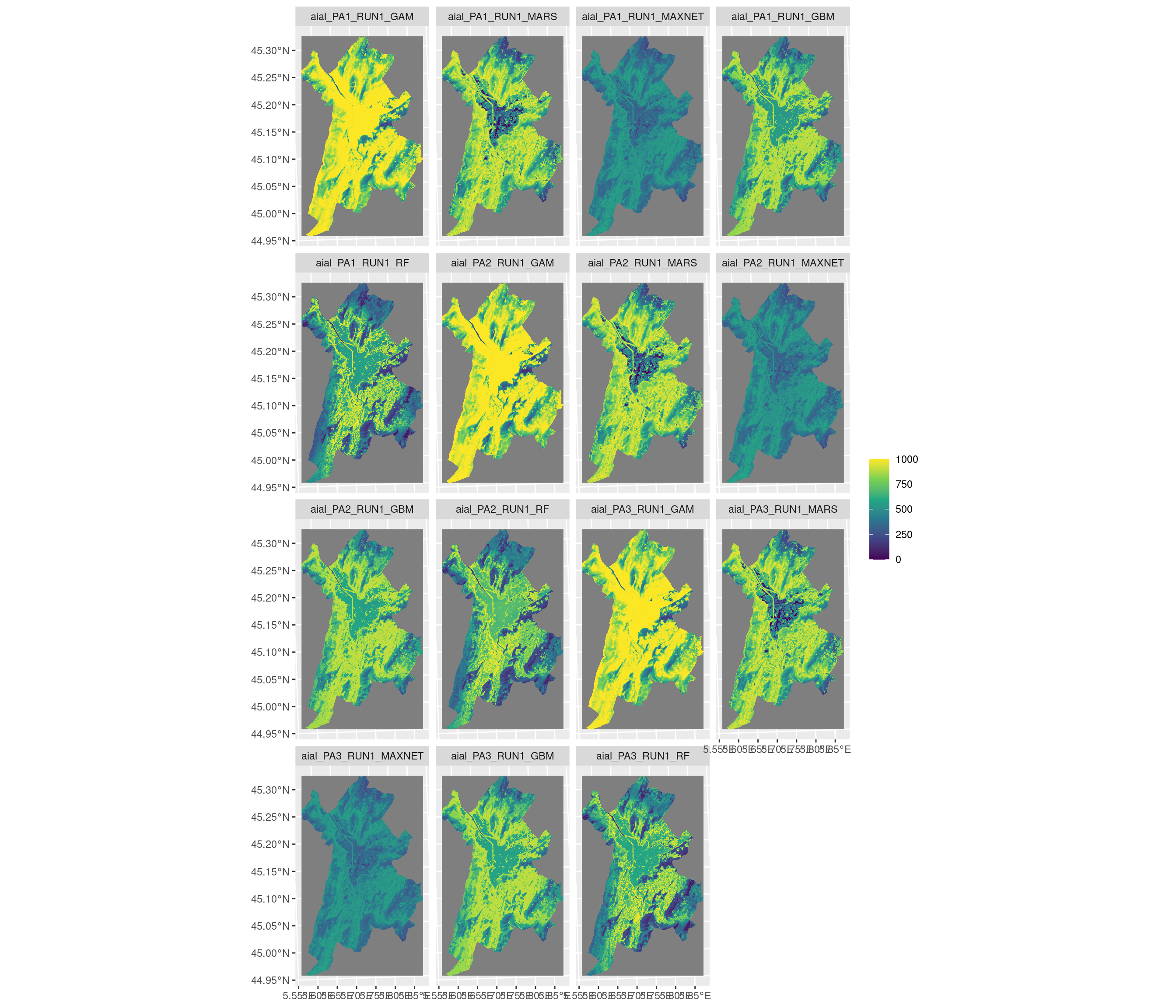 Projection de la distribution potentielle contemporaine sur la métropole de Grenoble, selon les 6 algorithmes et les 3 runs.