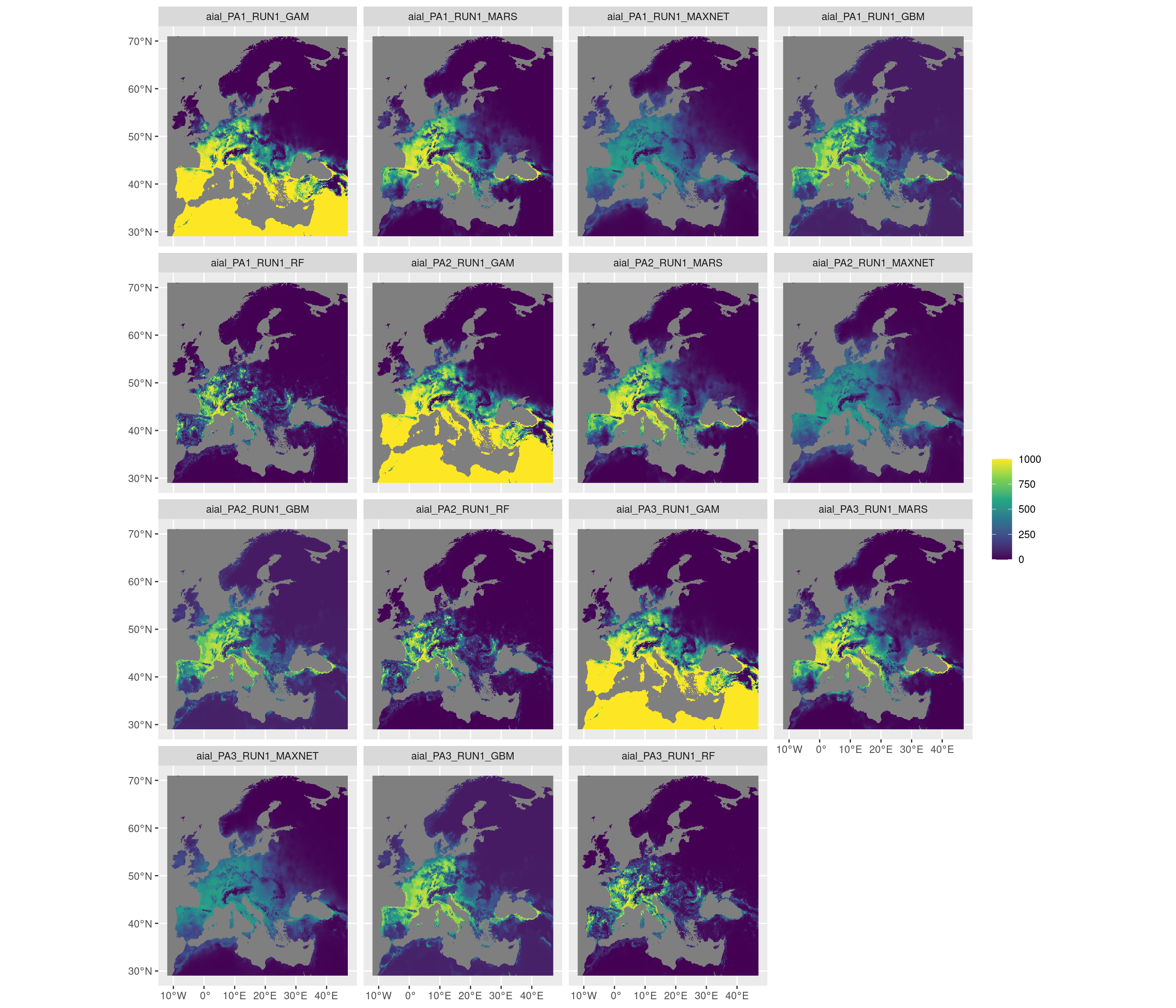 Projection de la distribution potentielle contemporaine sur l'Europe, selon les 6 algorithmes et les 3 runs.