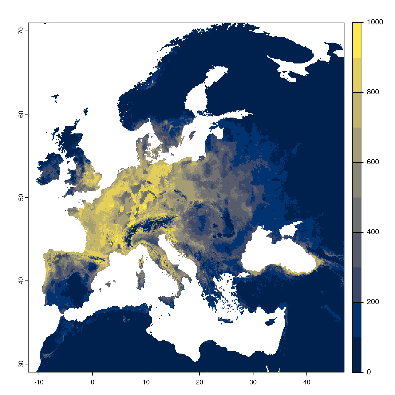 Projection des distributions potentielles futures jusqu'à l'horizon 2100 sous le scénario SSP1-2.6 (modèle d'ensemble).