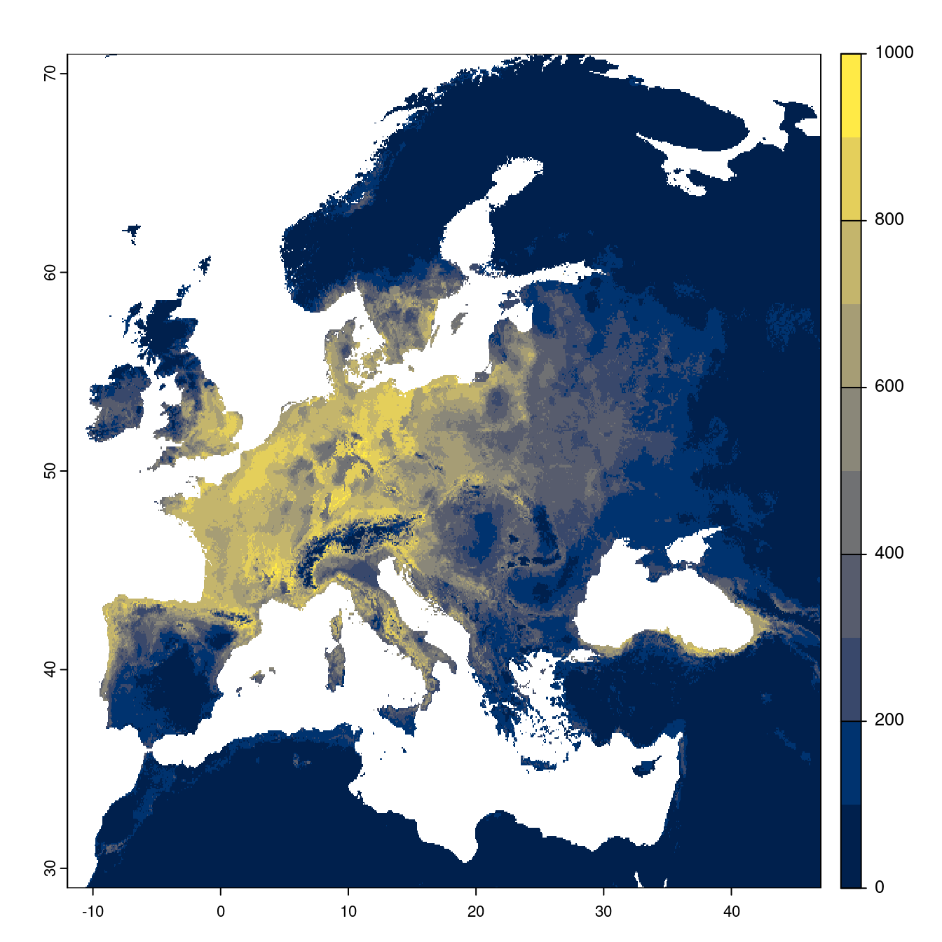 Projection des distributions potentielles futures jusqu'à l'horizon 2100 sous le scénario SSP1-2.6 (modèle d'ensemble).