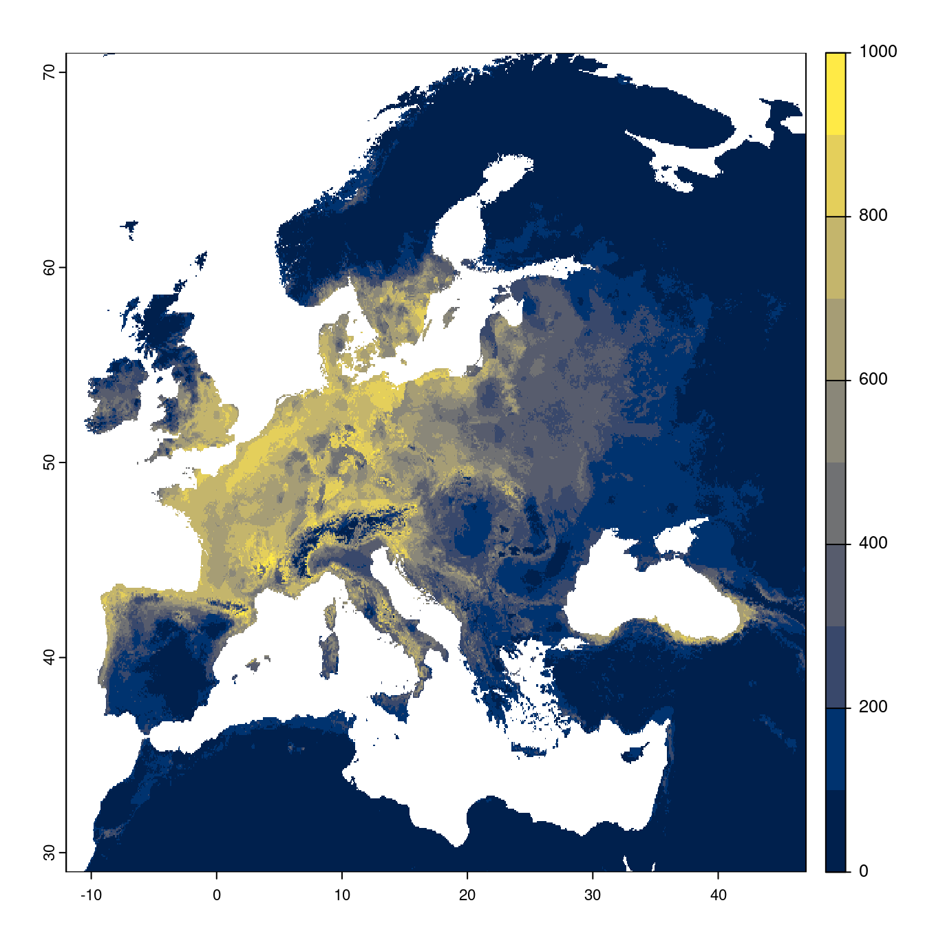 Projection des distributions potentielles futures jusqu'à l'horizon 2100 sous le scénario SSP2-4.5 (modèle d'ensemble).