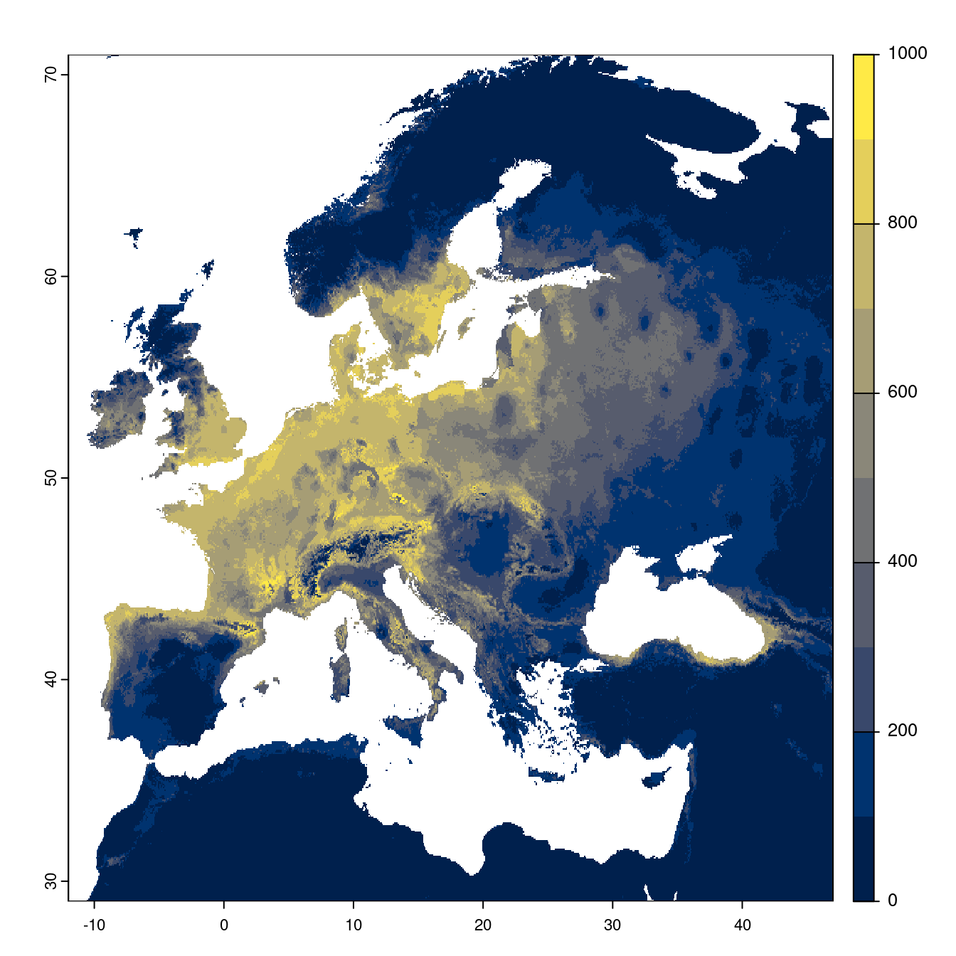 Projection des distributions potentielles futures jusqu'à l'horizon 2100 sous le scénario SSP2-4.5 (modèle d'ensemble).