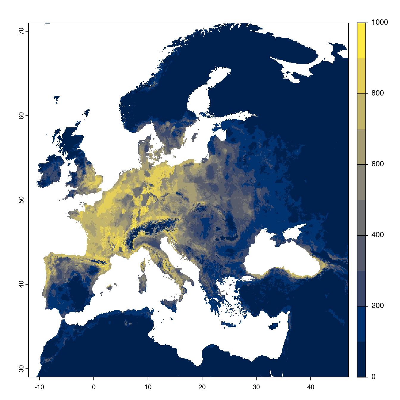Projection des distributions potentielles futures jusqu'à l'horizon 2100 sous le scénario SSP3-7.0 (modèle d'ensemble).