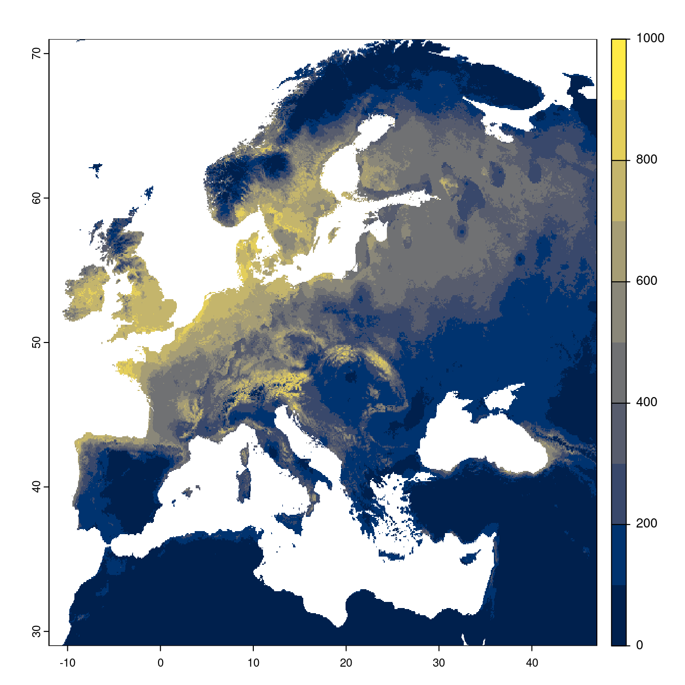 Projection des distributions potentielles futures jusqu'à l'horizon 2100 sous le scénario SSP3-7.0 (modèle d'ensemble).