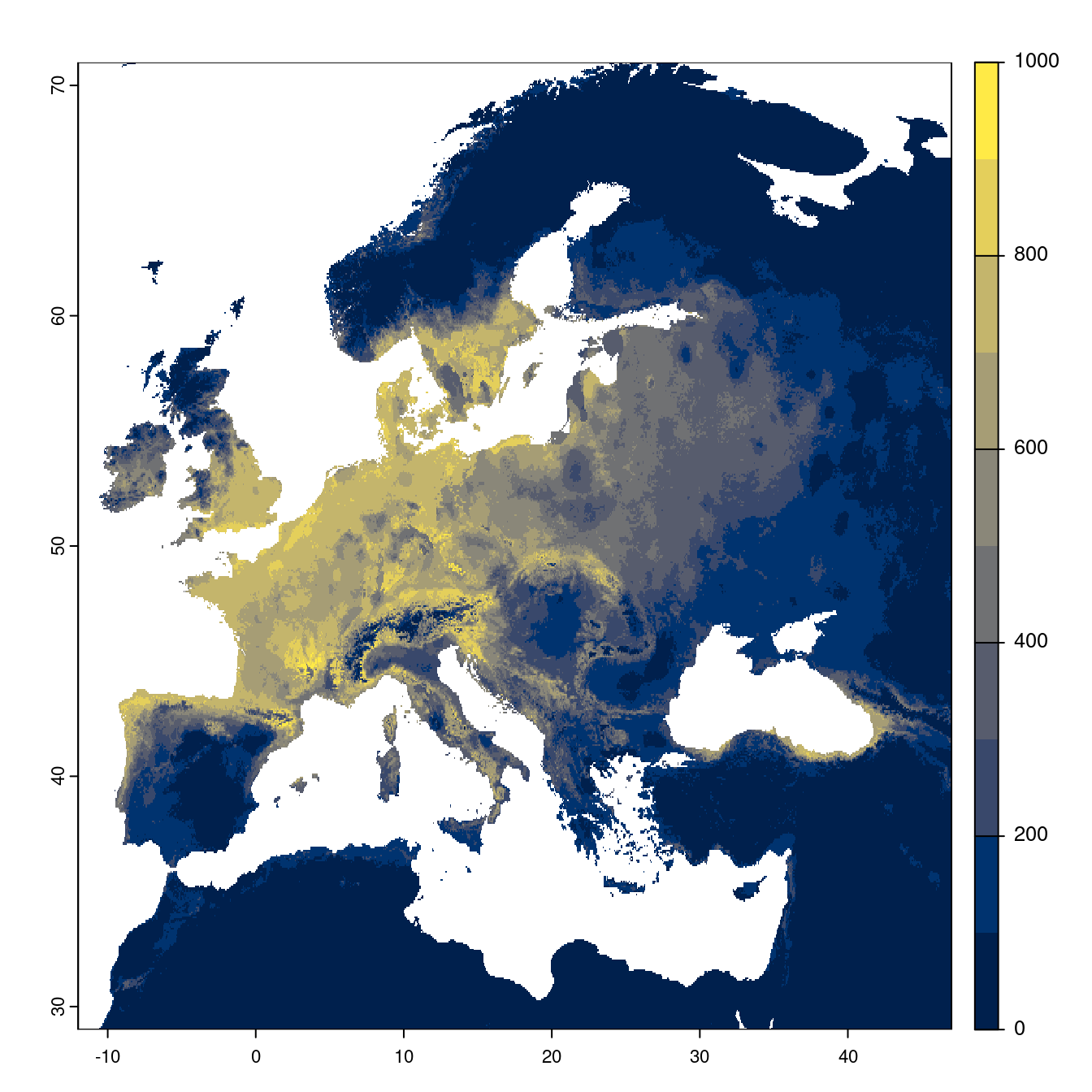 Projection des distributions potentielles futures jusqu'à l'horizon 2100 sous le scénario SSP5-8.5 (modèle d'ensemble).