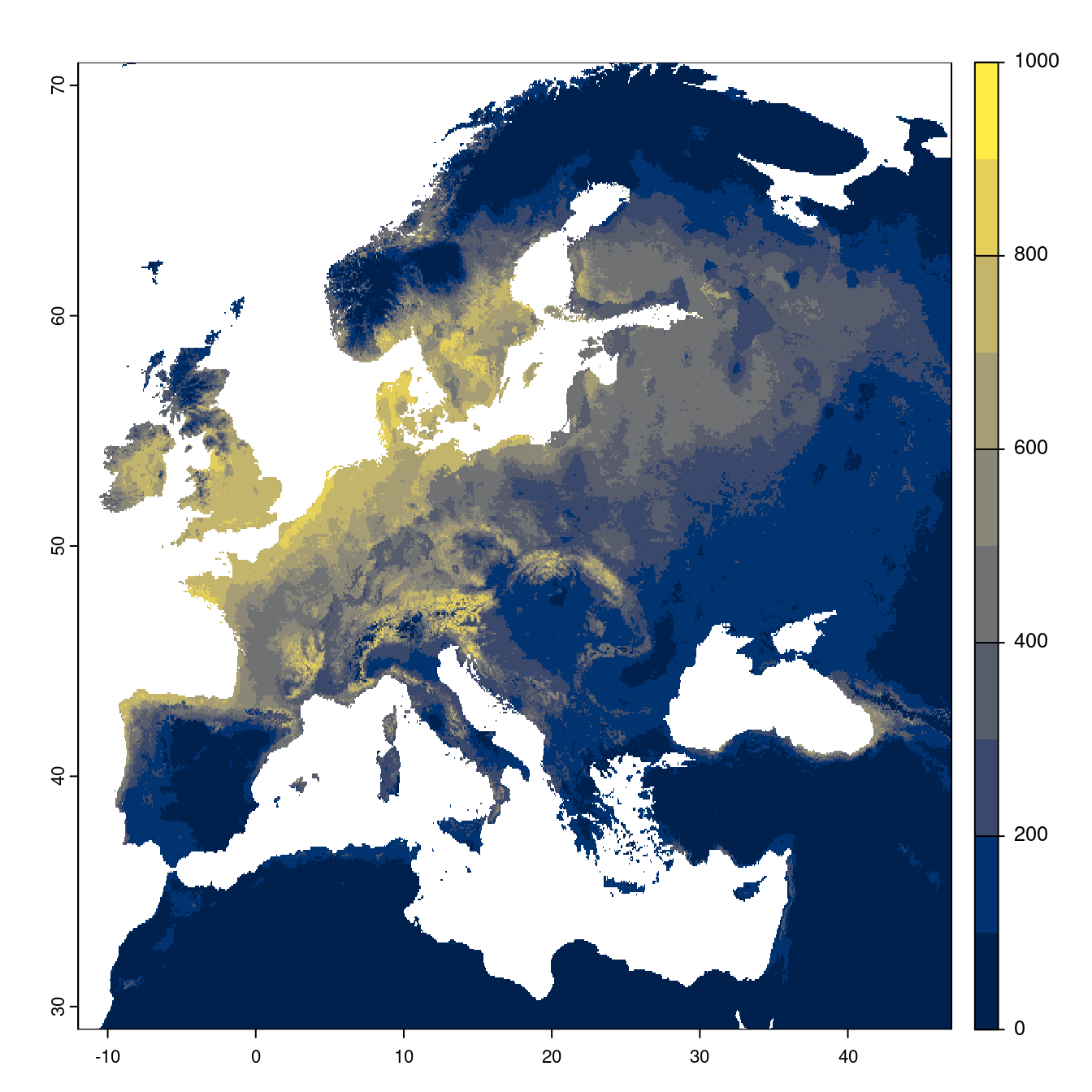Projection des distributions potentielles futures jusqu'à l'horizon 2100 sous le scénario SSP5-8.5 (modèle d'ensemble).