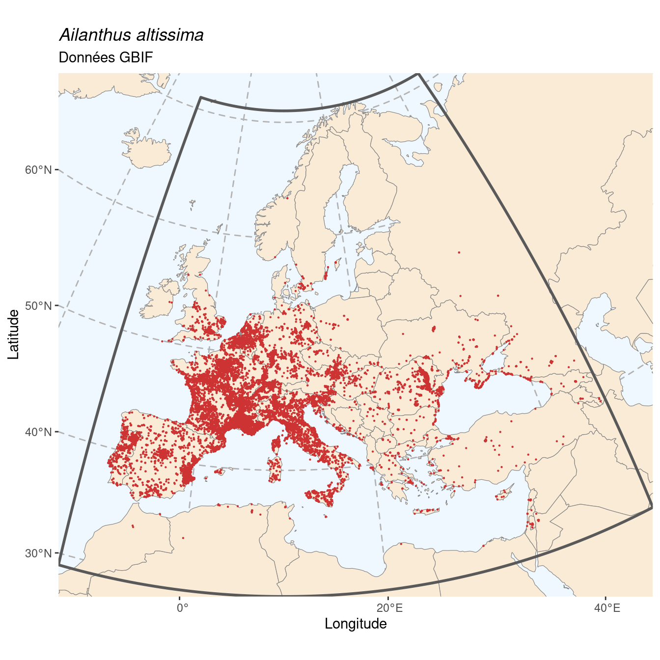 Occurrence de Ailanthus altissima dans la région d'endémisme.