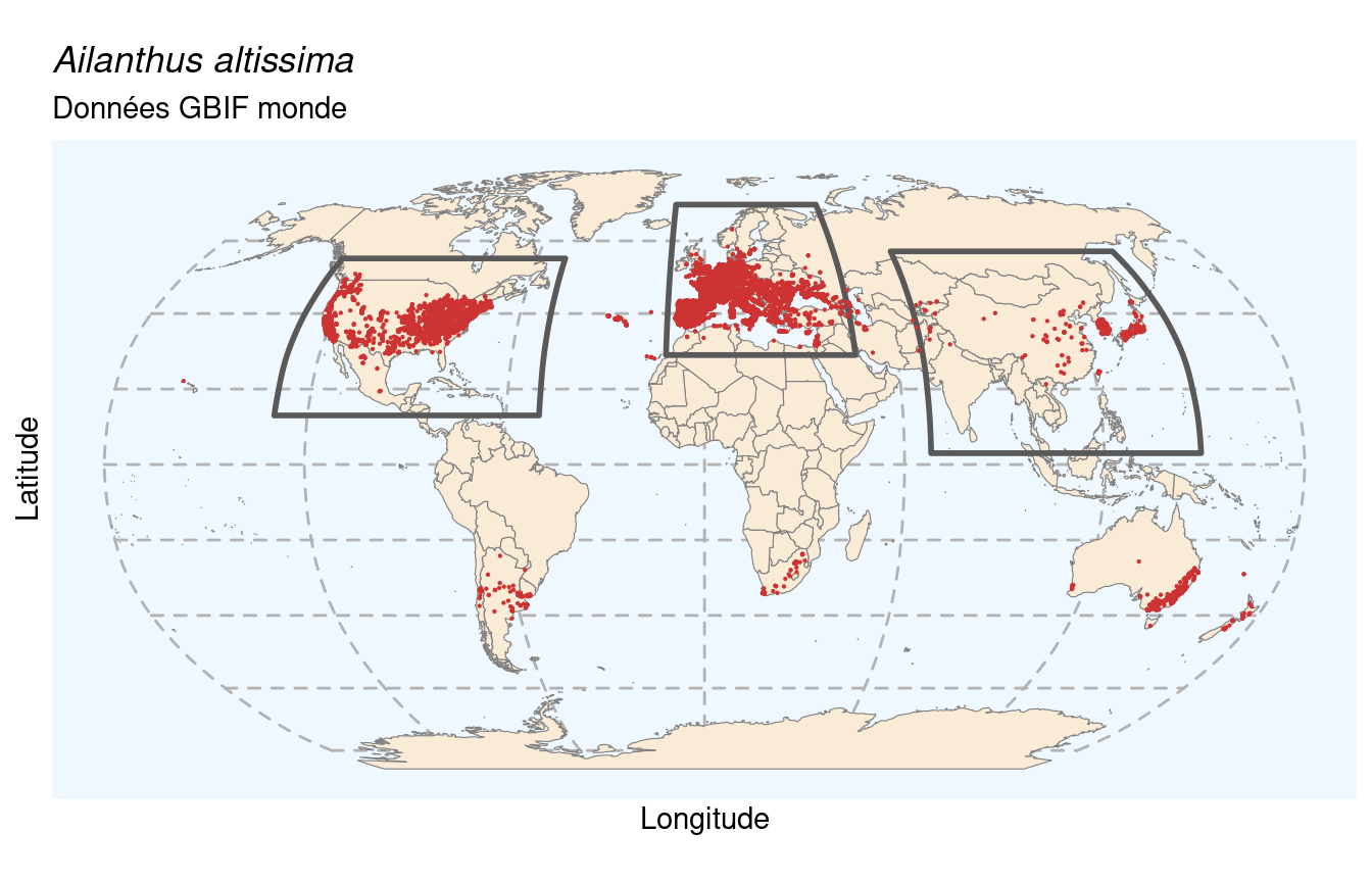 Occurrences de Ailanthus altissima dans le monde.