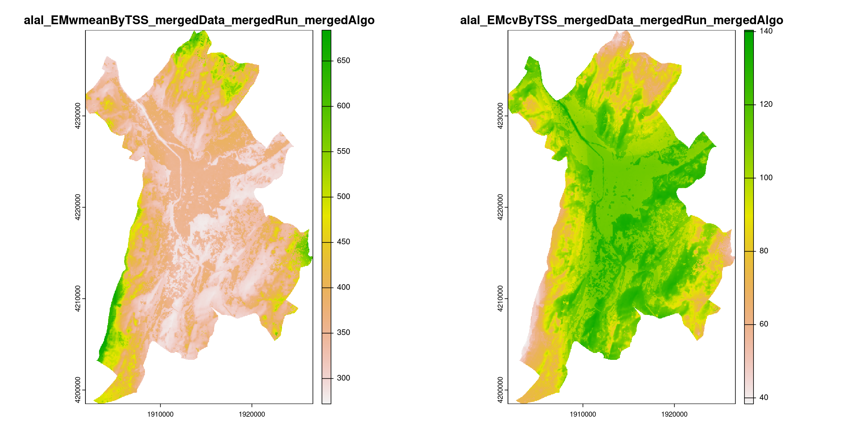 A) Projection de la distribution potentielle contemporaine (modèle d'ensemble) sur la métropole de Grenoble ; B) Incertitude associée à la projection.