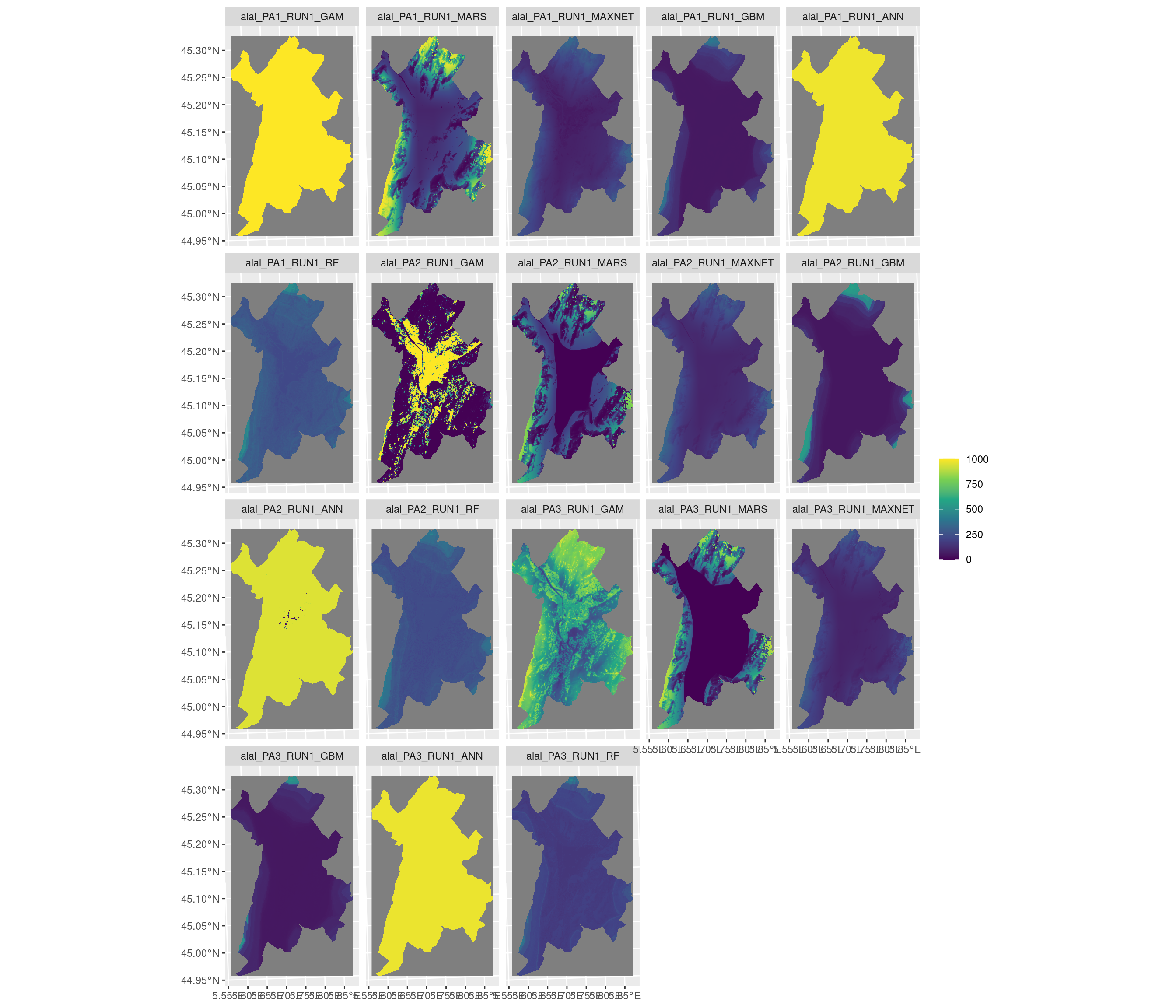 Projection de la distribution potentielle contemporaine sur la métropole de Grenoble, selon les 6 algorithmes et les 3 runs.