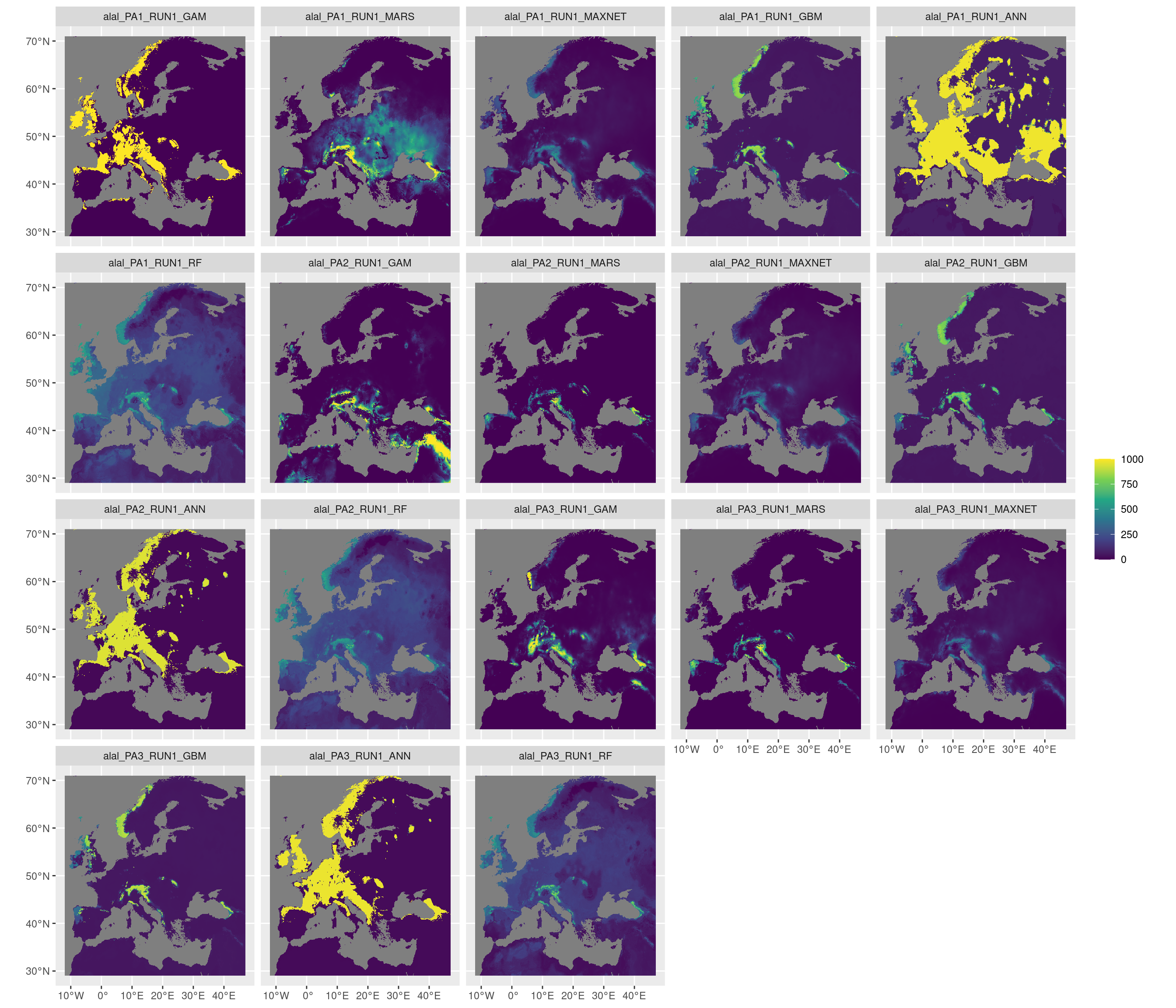 Projection de la distribution potentielle contemporaine sur l'Europe, selon les 6 algorithmes et les 3 runs.