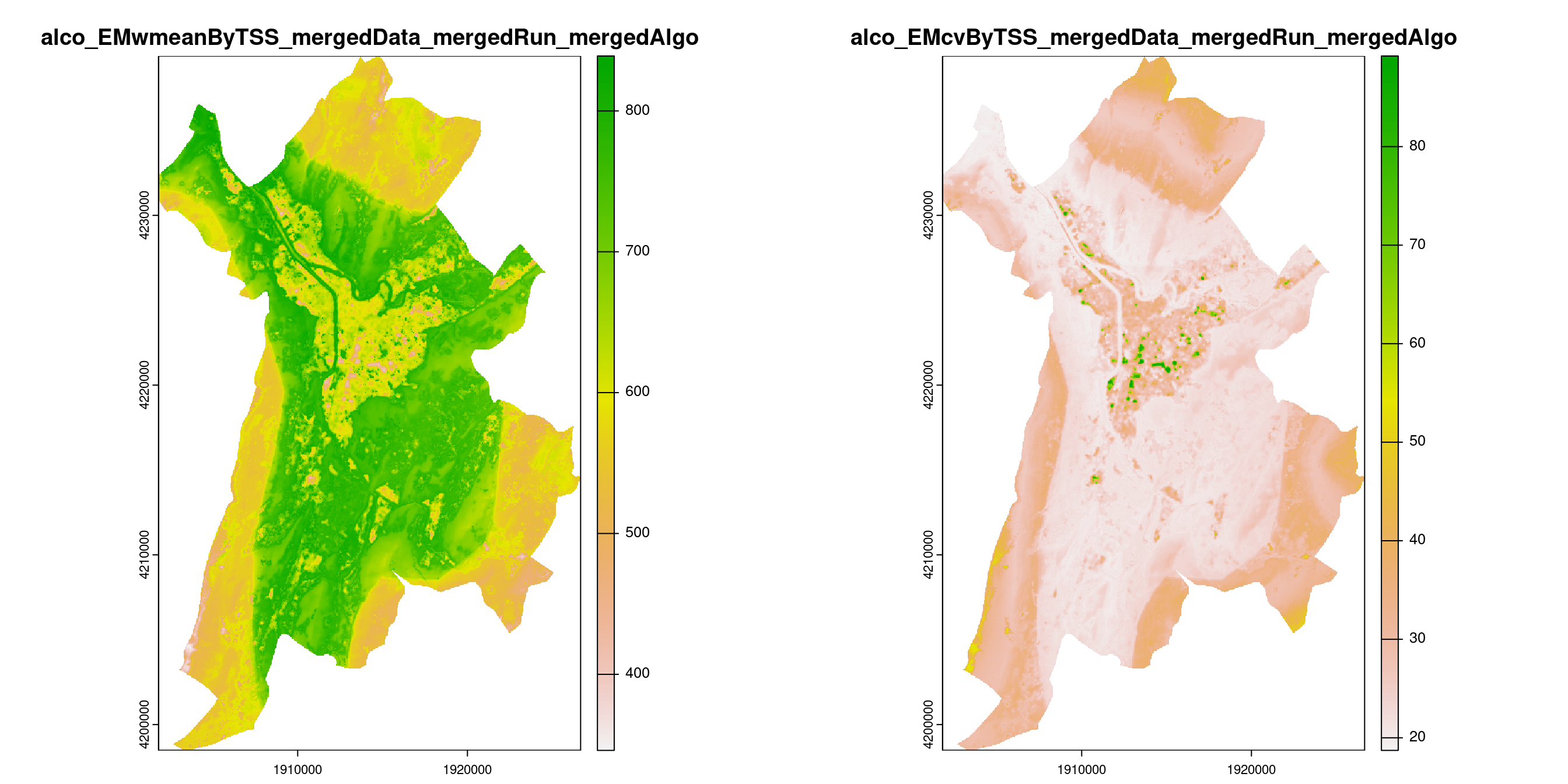 A) Projection de la distribution potentielle contemporaine (modèle d'ensemble) sur la métropole de Grenoble ; B) Incertitude associée à la projection.
