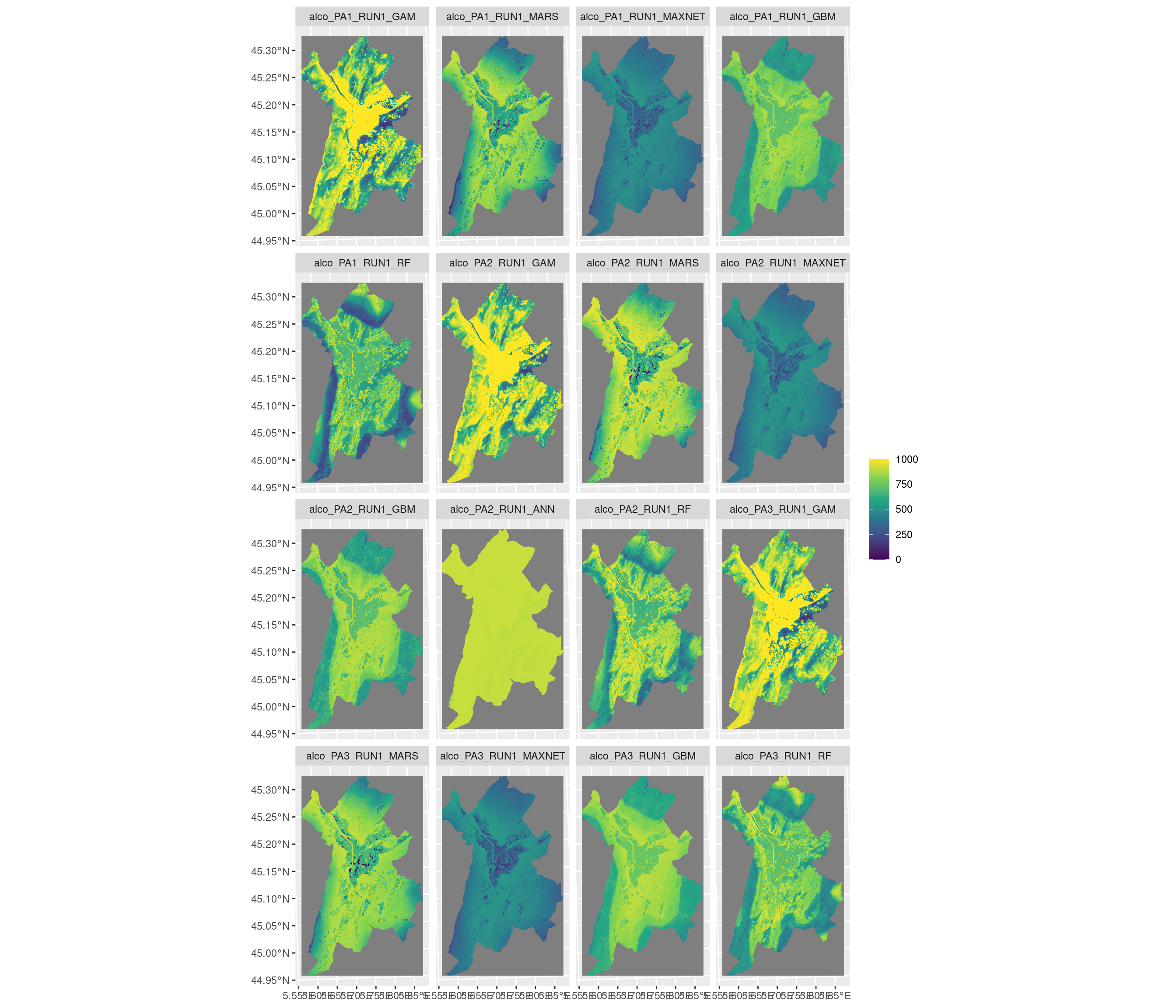 Projection de la distribution potentielle contemporaine sur la métropole de Grenoble, selon les 6 algorithmes et les 3 runs.