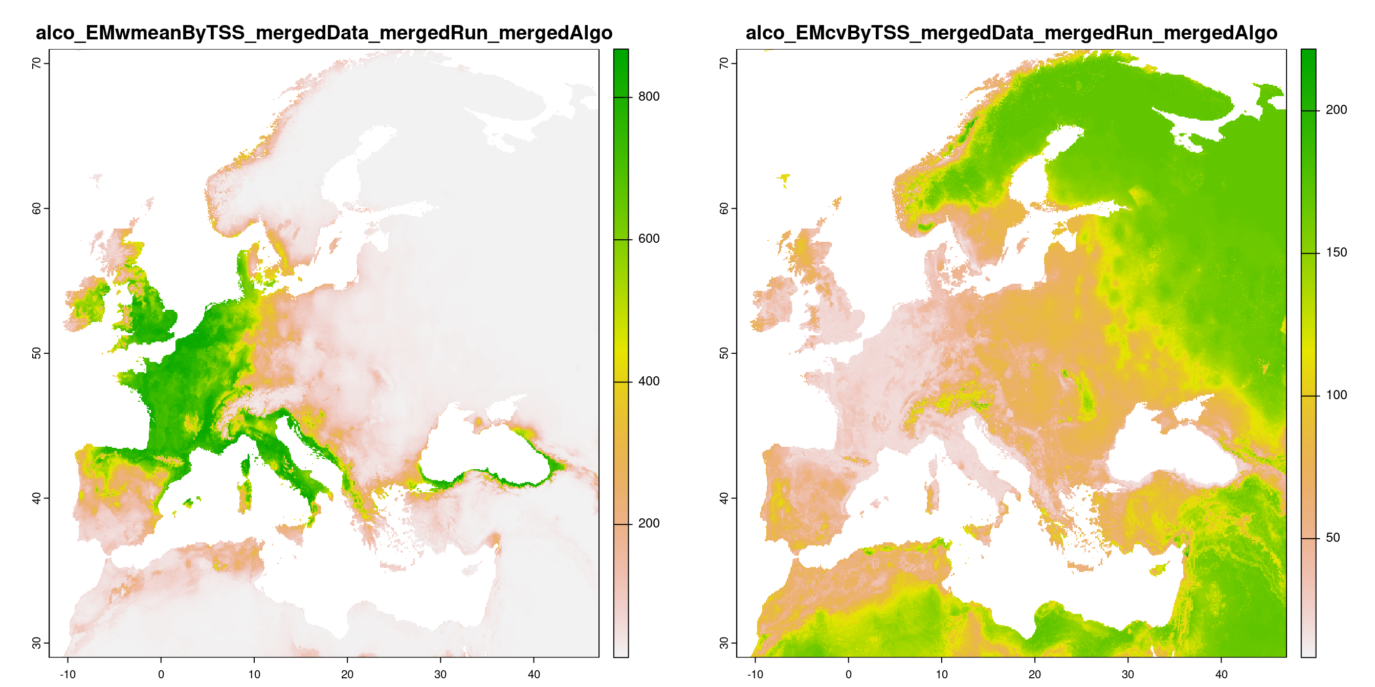 A) Projection de la distribution potentielle contemporaine (modèle d'ensemble) ; B) Incertitude associée à la projection.