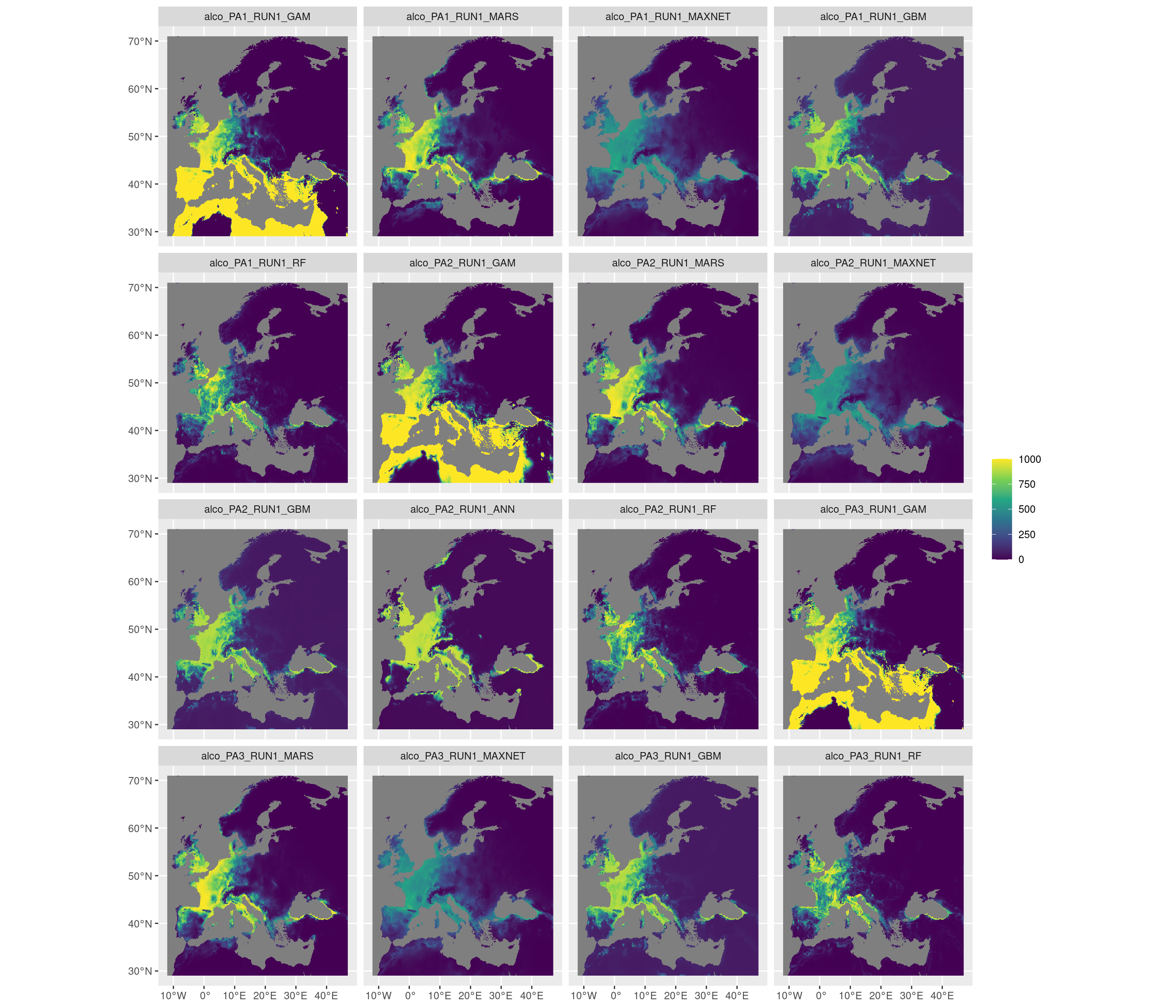 Projection de la distribution potentielle contemporaine sur l'Europe, selon les 6 algorithmes et les 3 runs.