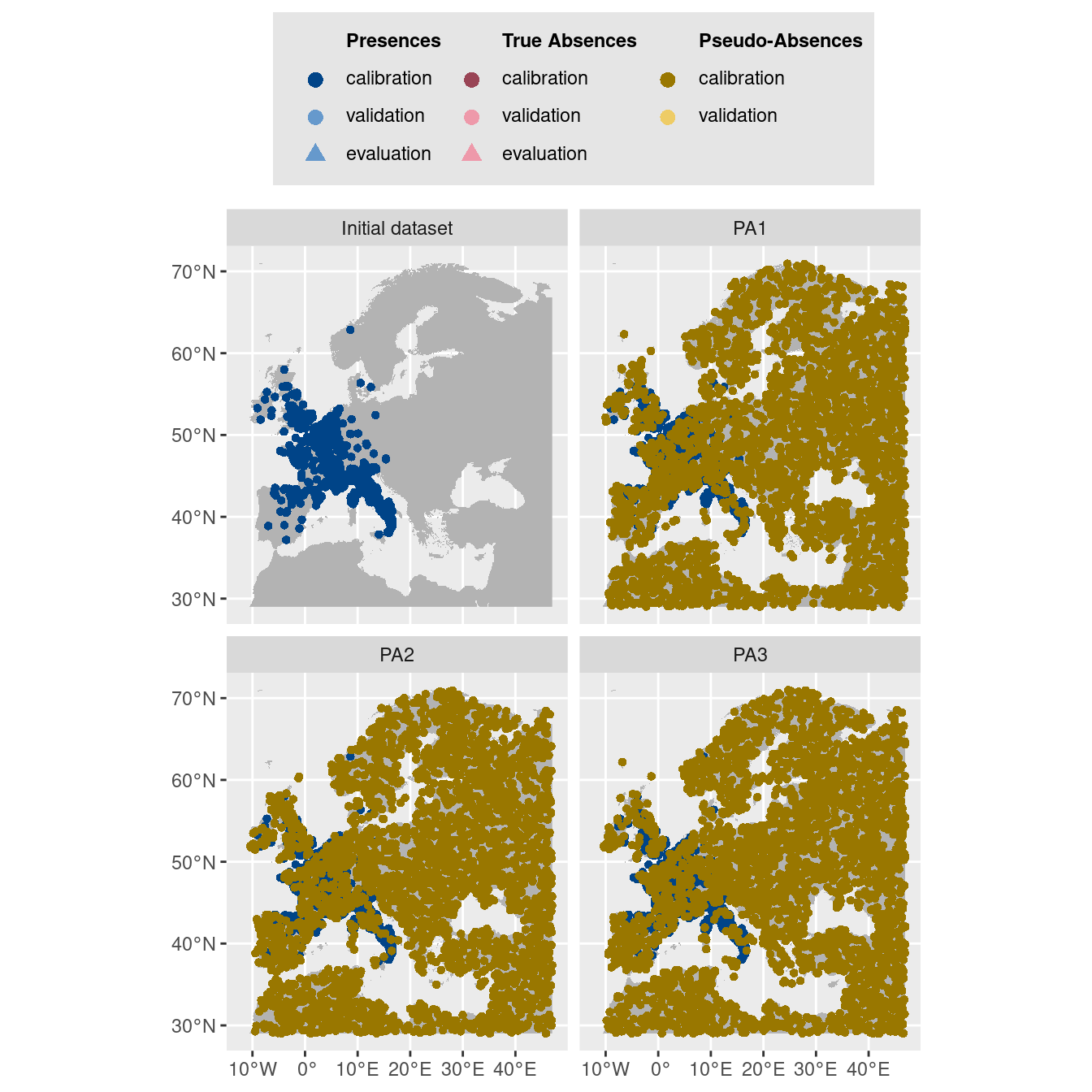 Les données d'occurrences (en haut à gauche) et les trois jeux de données aléatoires de pseudo-absences.