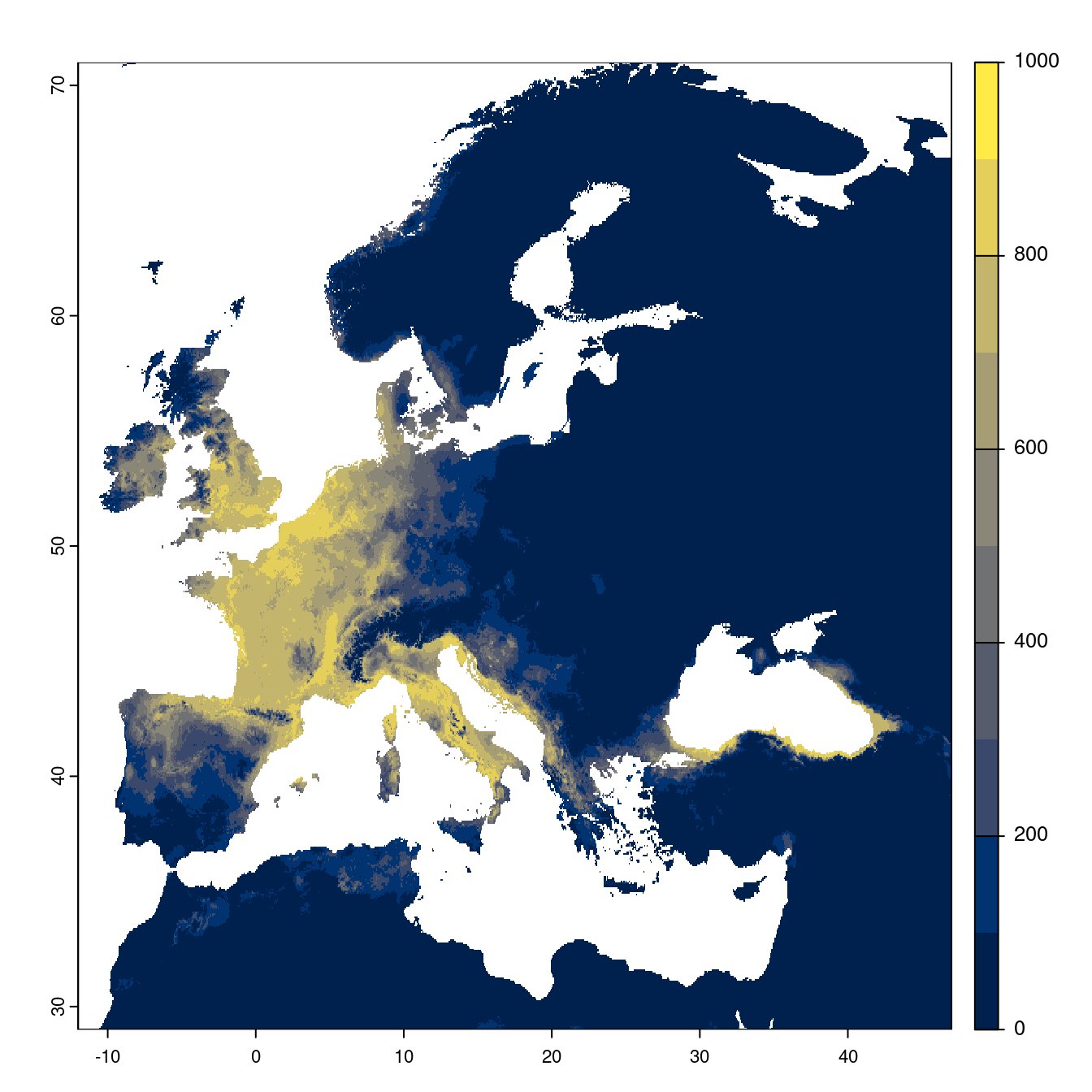 Projection des distributions potentielles futures jusqu'à l'horizon 2100 sous le scénario SSP2-4.5 (modèle d'ensemble).