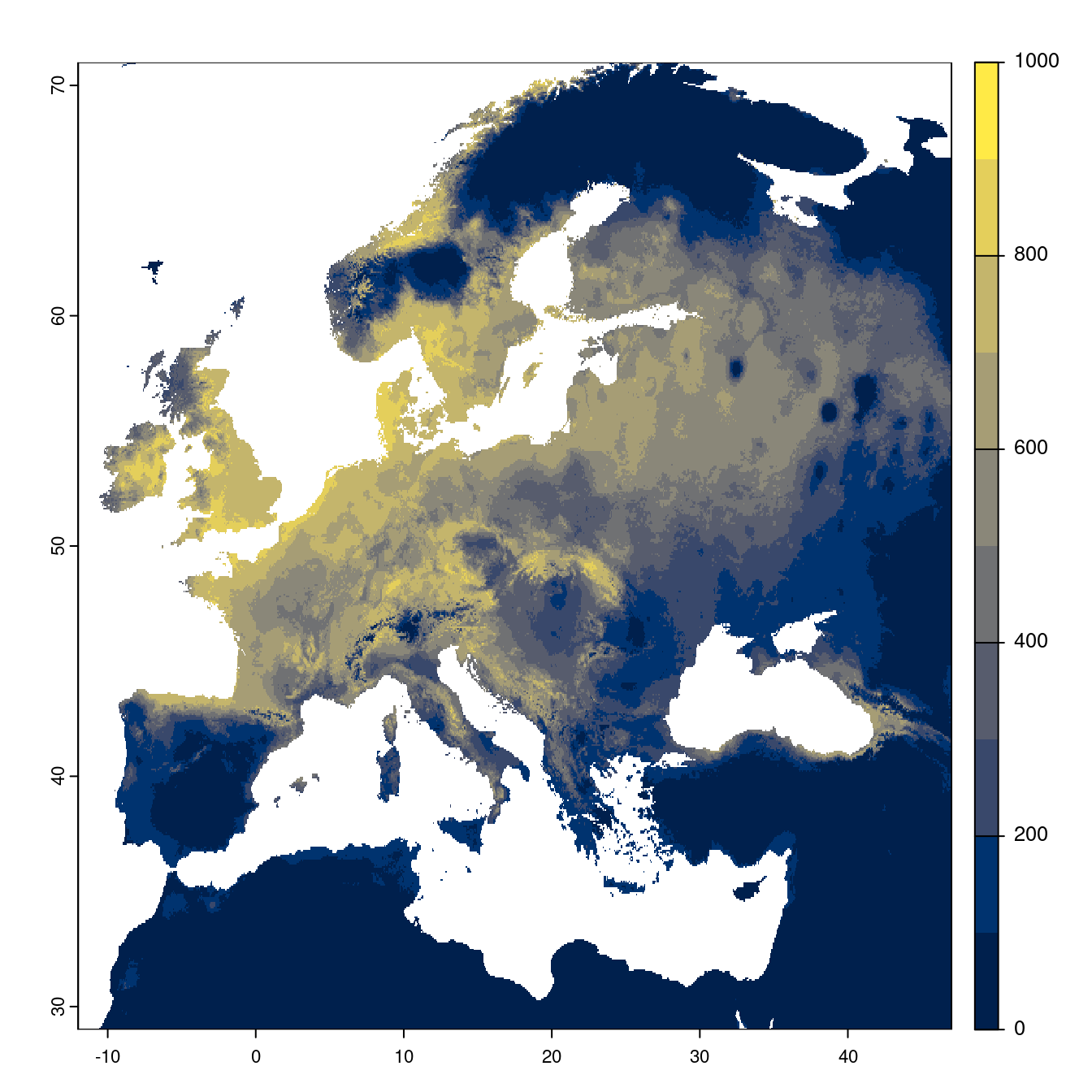 Projection des distributions potentielles futures jusqu'à l'horizon 2100 sous le scénario SSP3-7.0 (modèle d'ensemble).
