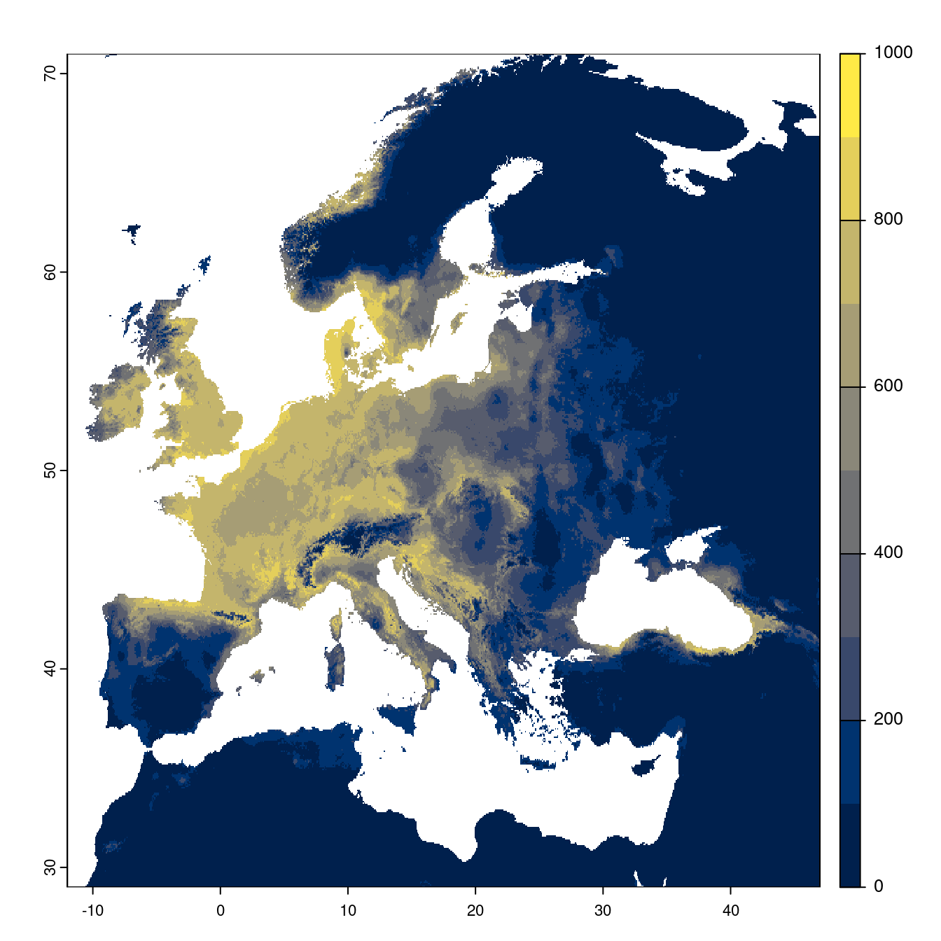 Projection des distributions potentielles futures jusqu'à l'horizon 2100 sous le scénario SSP5-8.5 (modèle d'ensemble).