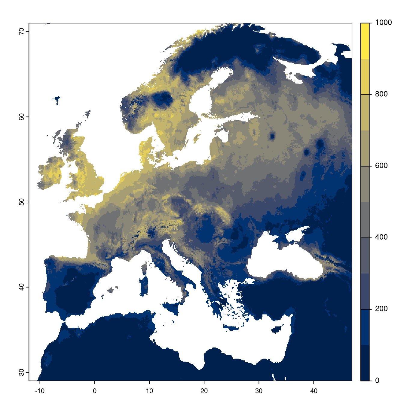 Projection des distributions potentielles futures jusqu'à l'horizon 2100 sous le scénario SSP5-8.5 (modèle d'ensemble).
