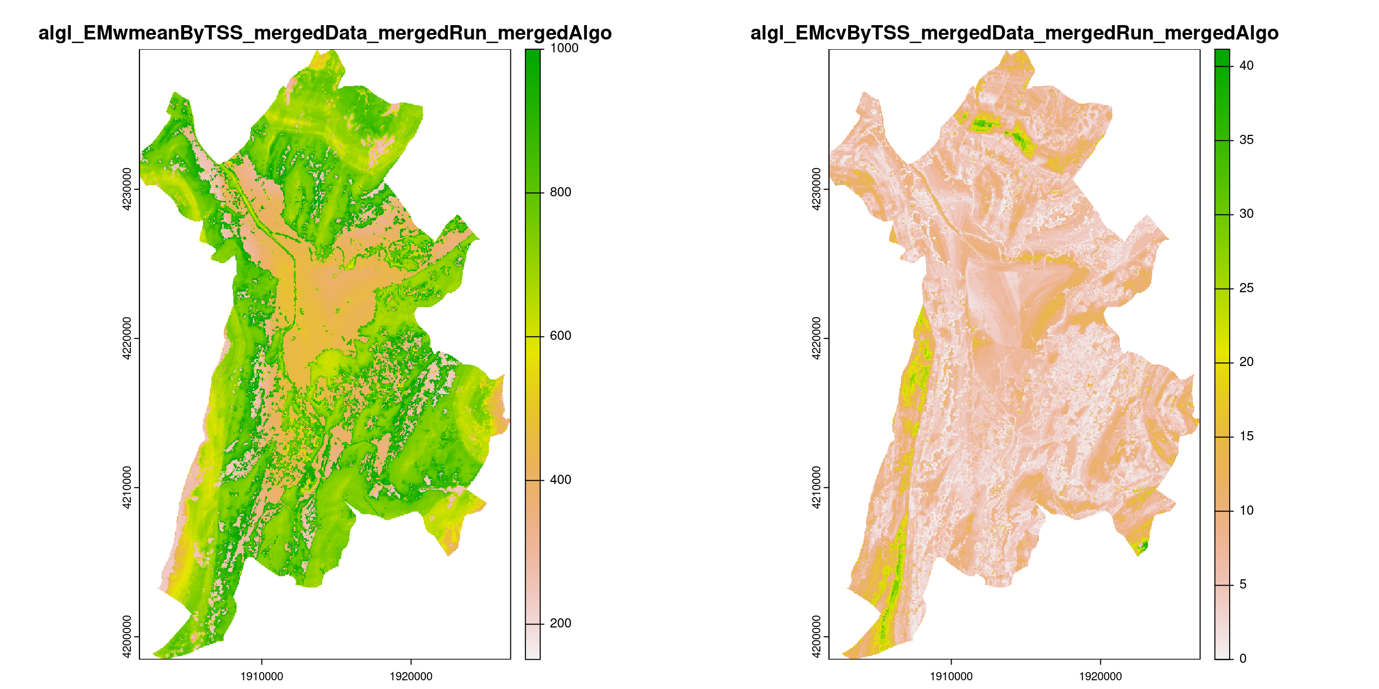 A) Projection de la distribution potentielle contemporaine (modèle d'ensemble) sur la métropole de Grenoble ; B) Incertitude associée à la projection.