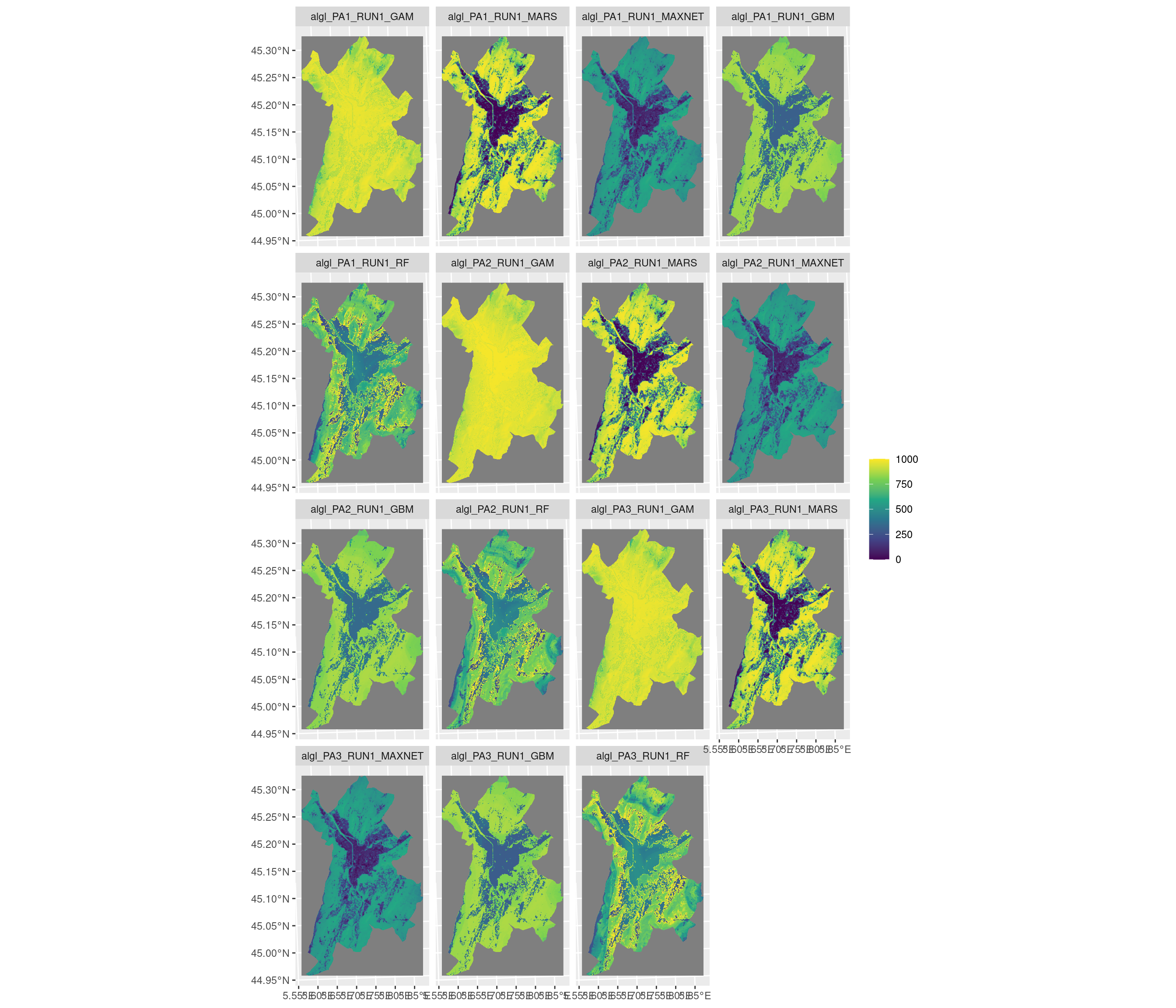 Projection de la distribution potentielle contemporaine sur la métropole de Grenoble, selon les 6 algorithmes et les 3 runs.