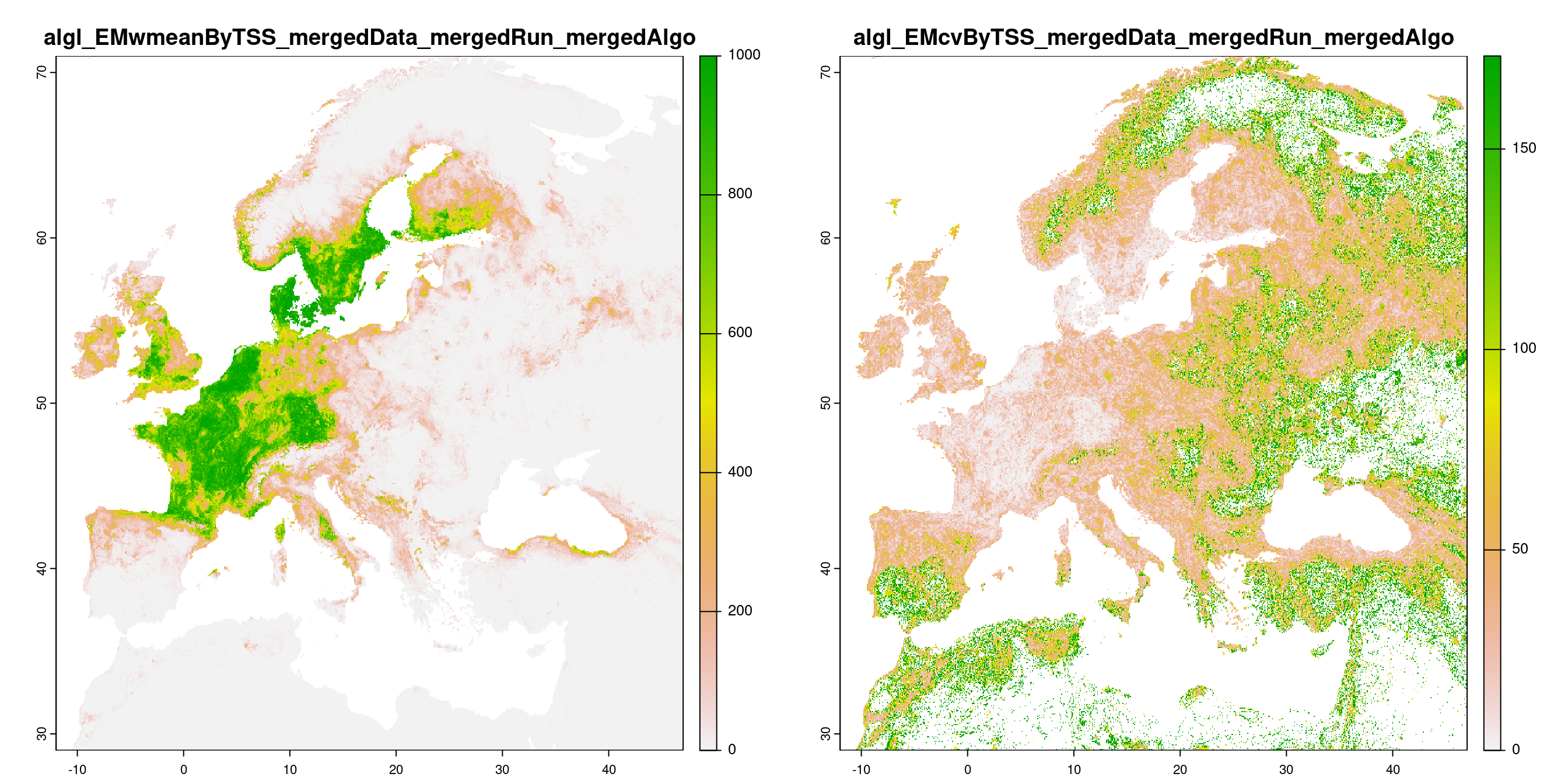 A) Projection de la distribution potentielle contemporaine (modèle d'ensemble) ; B) Incertitude associée à la projection.