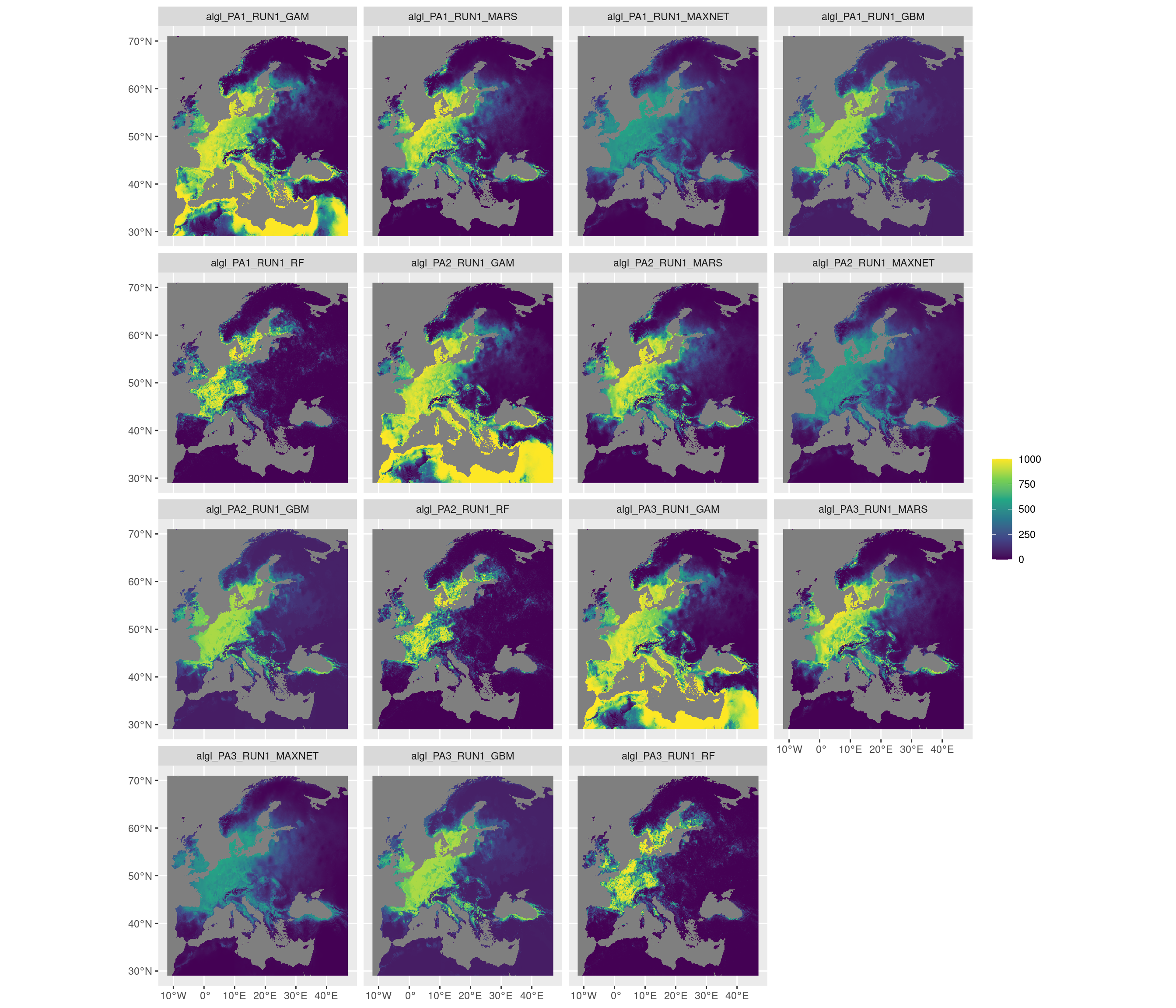 Projection de la distribution potentielle contemporaine sur l'Europe, selon les 6 algorithmes et les 3 runs.