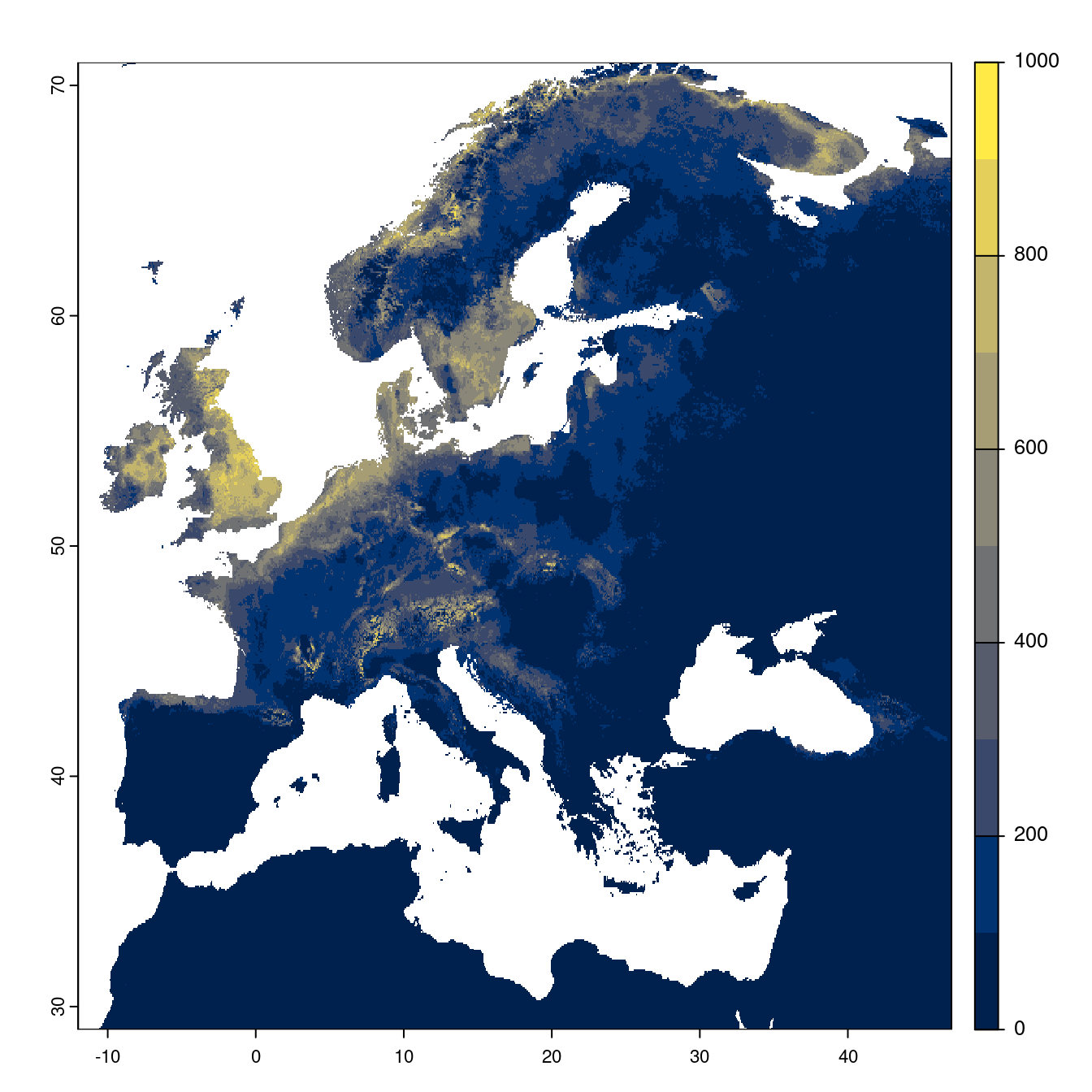 Projection des distributions potentielles futures jusqu'à l'horizon 2100 sous le scénario SSP3-7.0 (modèle d'ensemble).