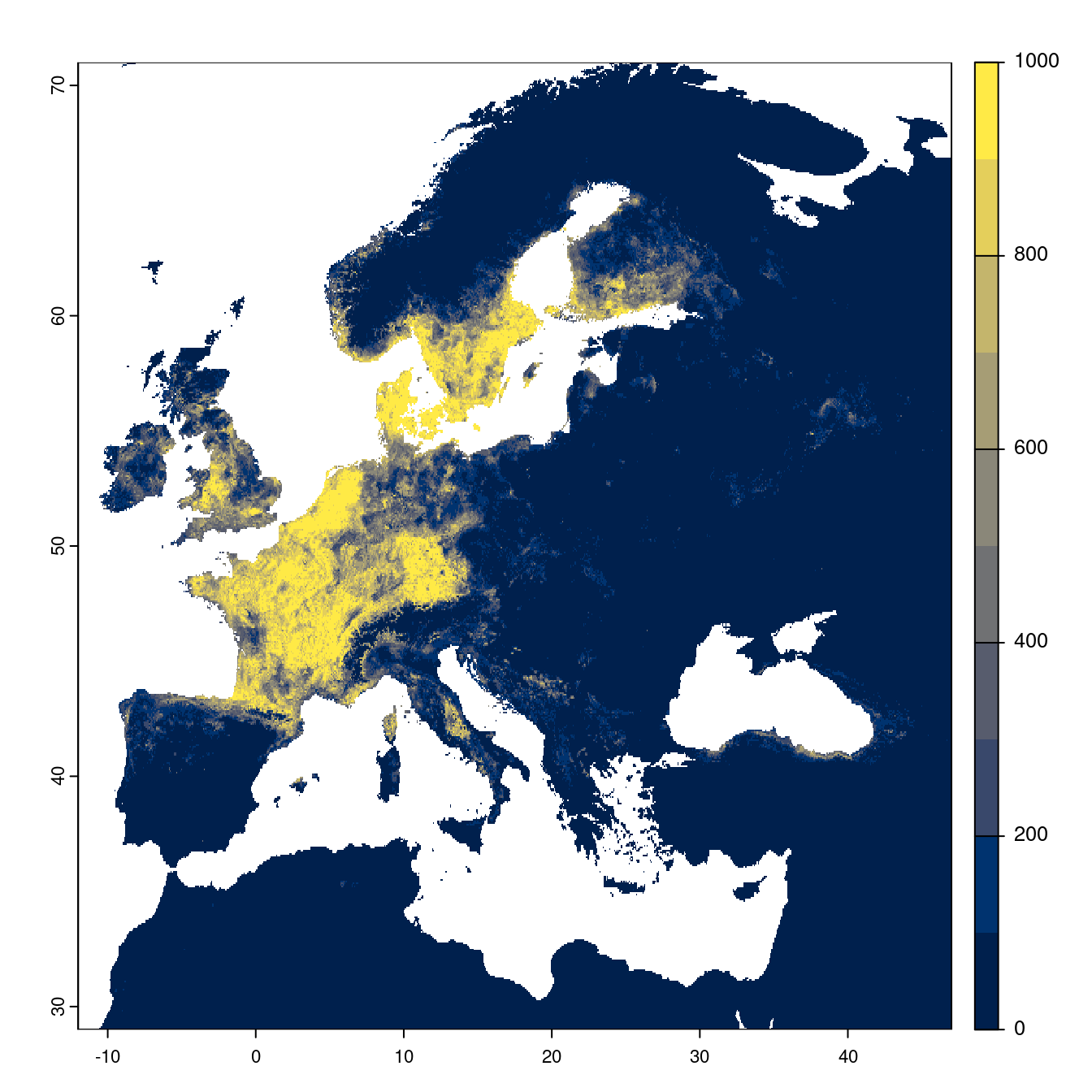 Projection des distributions potentielles futures jusqu'à l'horizon 2100 sous le scénario SSP5-8.5 (modèle d'ensemble).