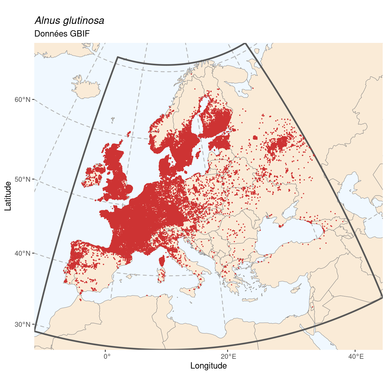 Occurrence de Alnus glutinosa dans la région d'endémisme.