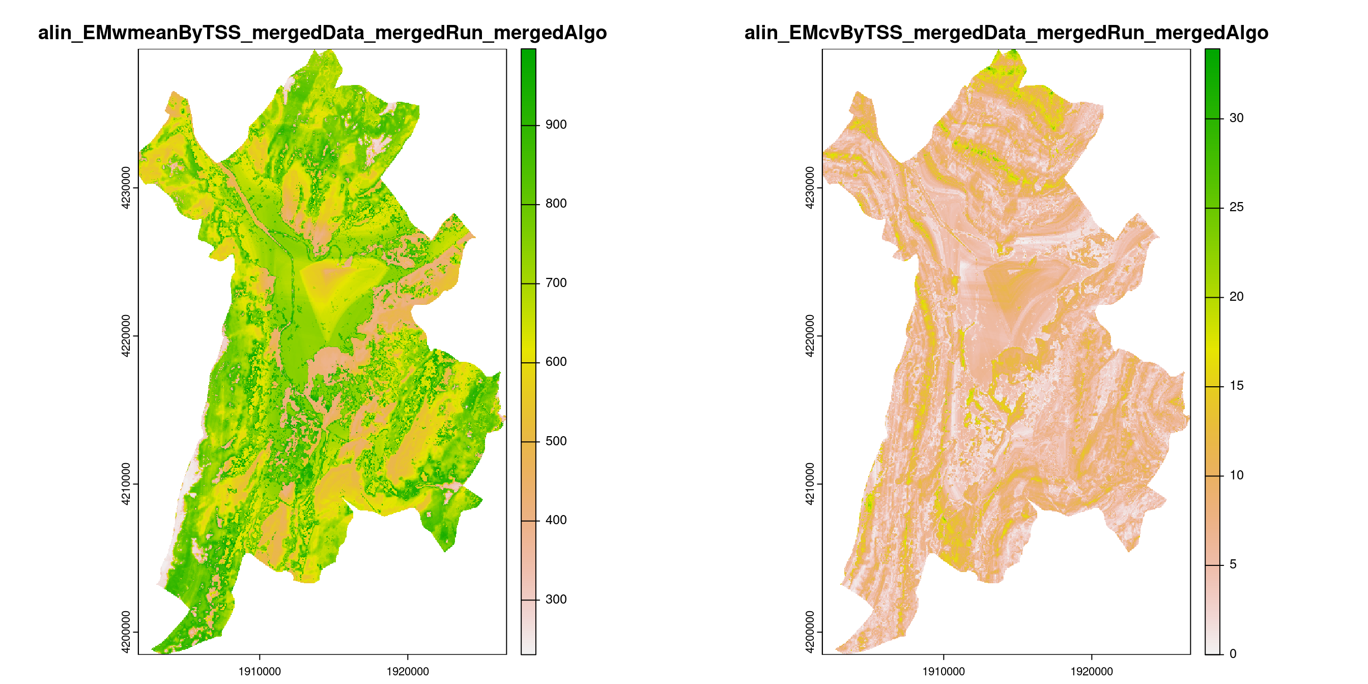 A) Projection de la distribution potentielle contemporaine (modèle d'ensemble) sur la métropole de Grenoble ; B) Incertitude associée à la projection.