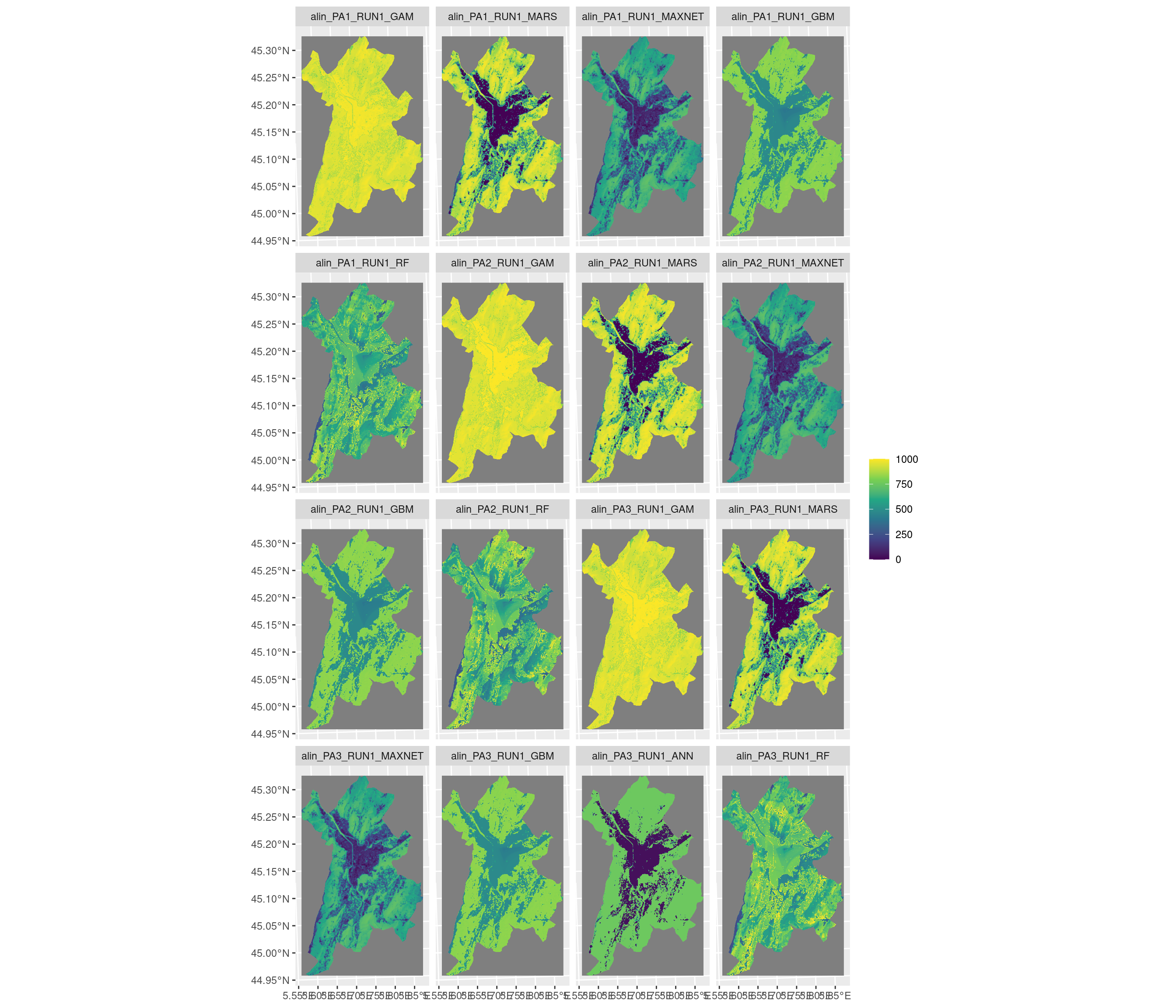 Projection de la distribution potentielle contemporaine sur la métropole de Grenoble, selon les 6 algorithmes et les 3 runs.