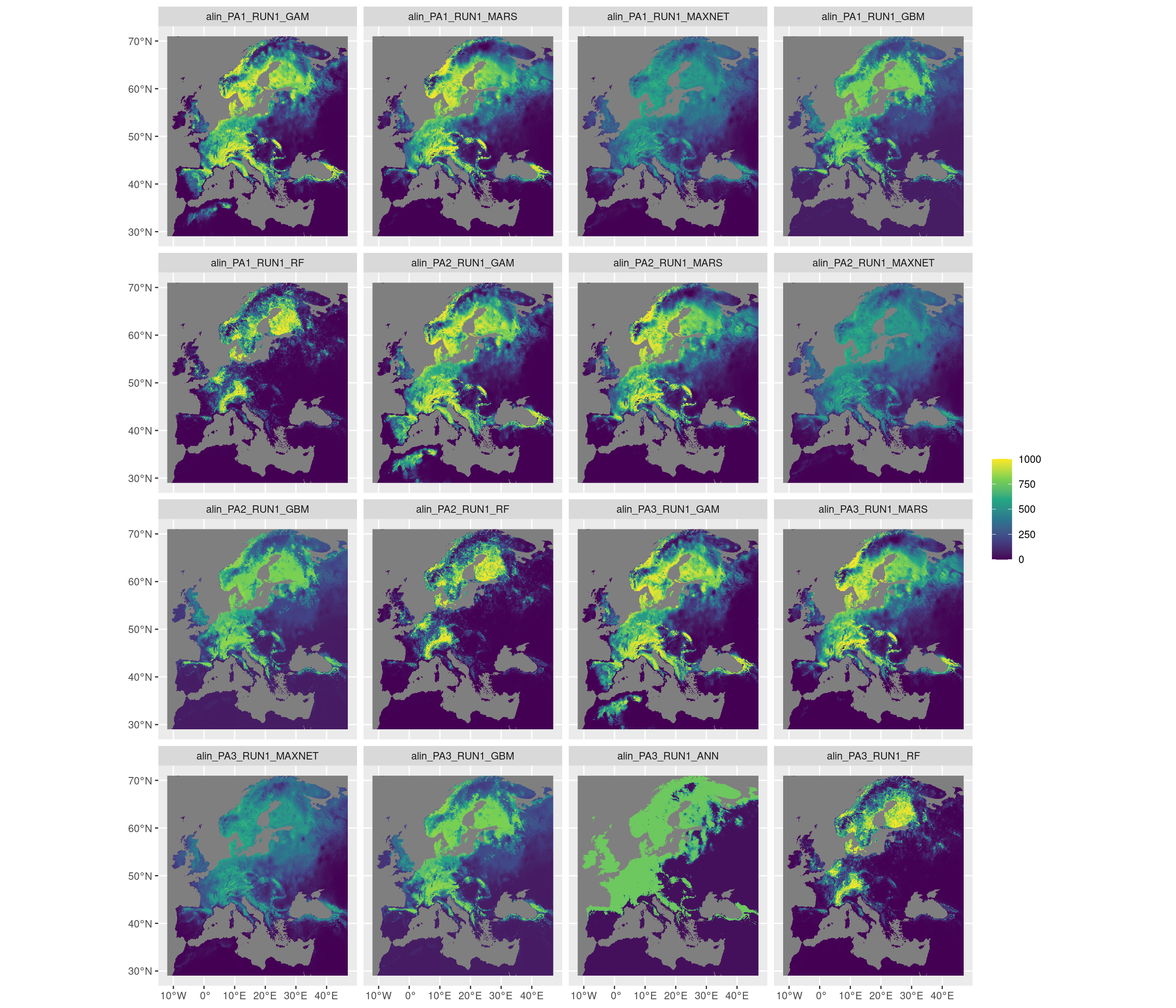 Projection de la distribution potentielle contemporaine sur l'Europe, selon les 6 algorithmes et les 3 runs.