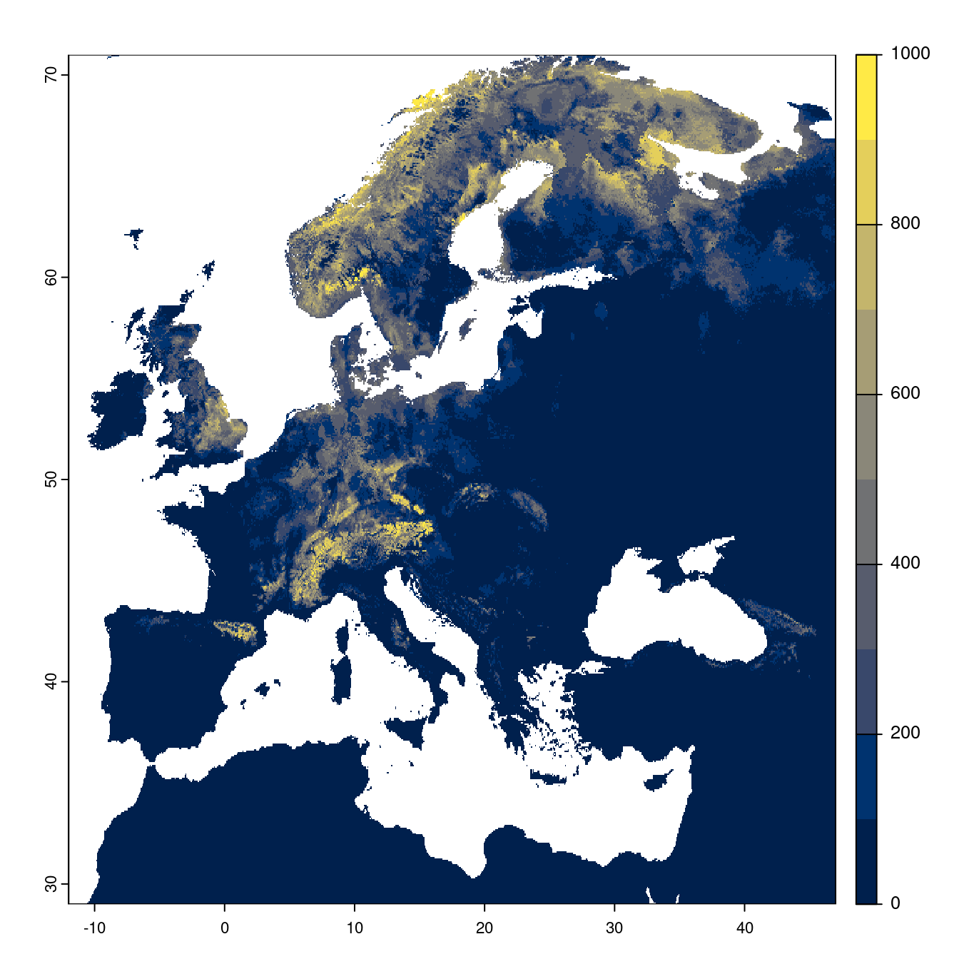 Projection des distributions potentielles futures jusqu'à l'horizon 2100 sous le scénario SSP1-2.6 (modèle d'ensemble).