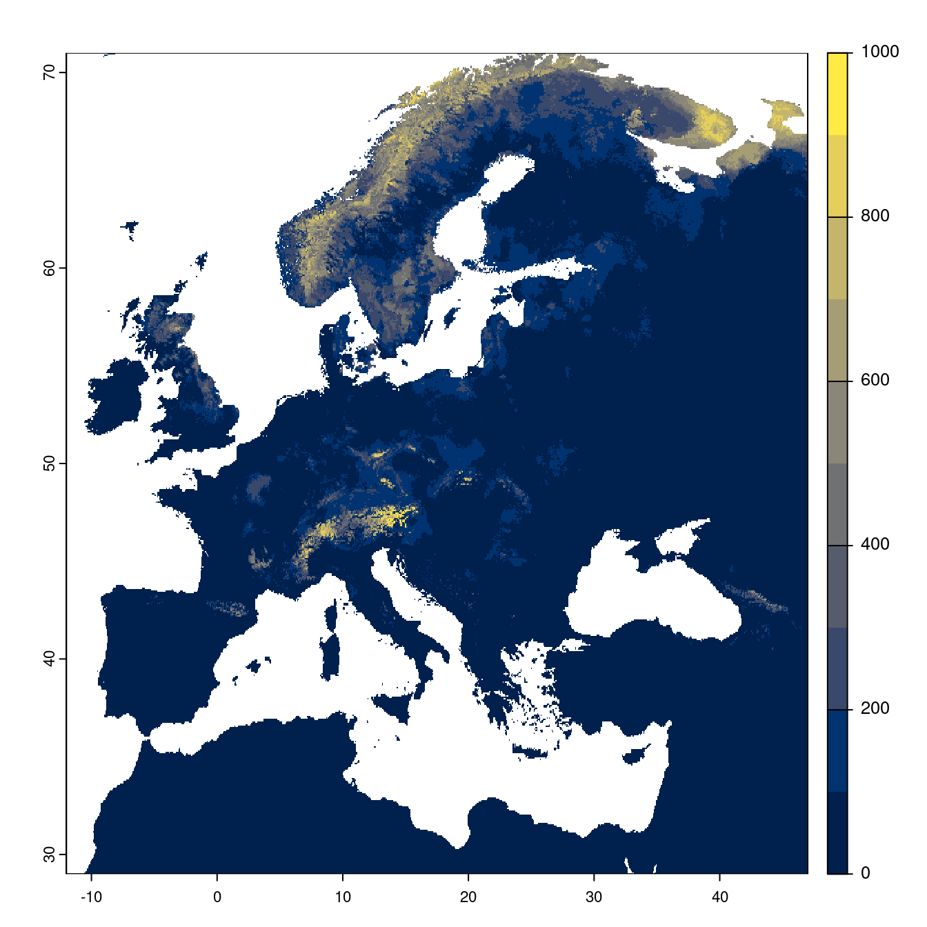 Projection des distributions potentielles futures jusqu'à l'horizon 2100 sous le scénario SSP2-4.5 (modèle d'ensemble).